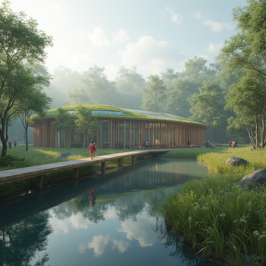 Prompt: Eco-friendly wetland architecture, modern sustainable building, green roof, solar panels, recycled materials, natural ventilation, rainwater harvesting system, wooden bridge, boardwalk, mangrove forest, calm water reflection, misty atmosphere, morning light, soft focus, shallow depth of field, panoramic view, cinematic composition, nature reserve, conservation area, educational signage, guided tours, wildlife observation deck, bird-watching, serene ambiance.