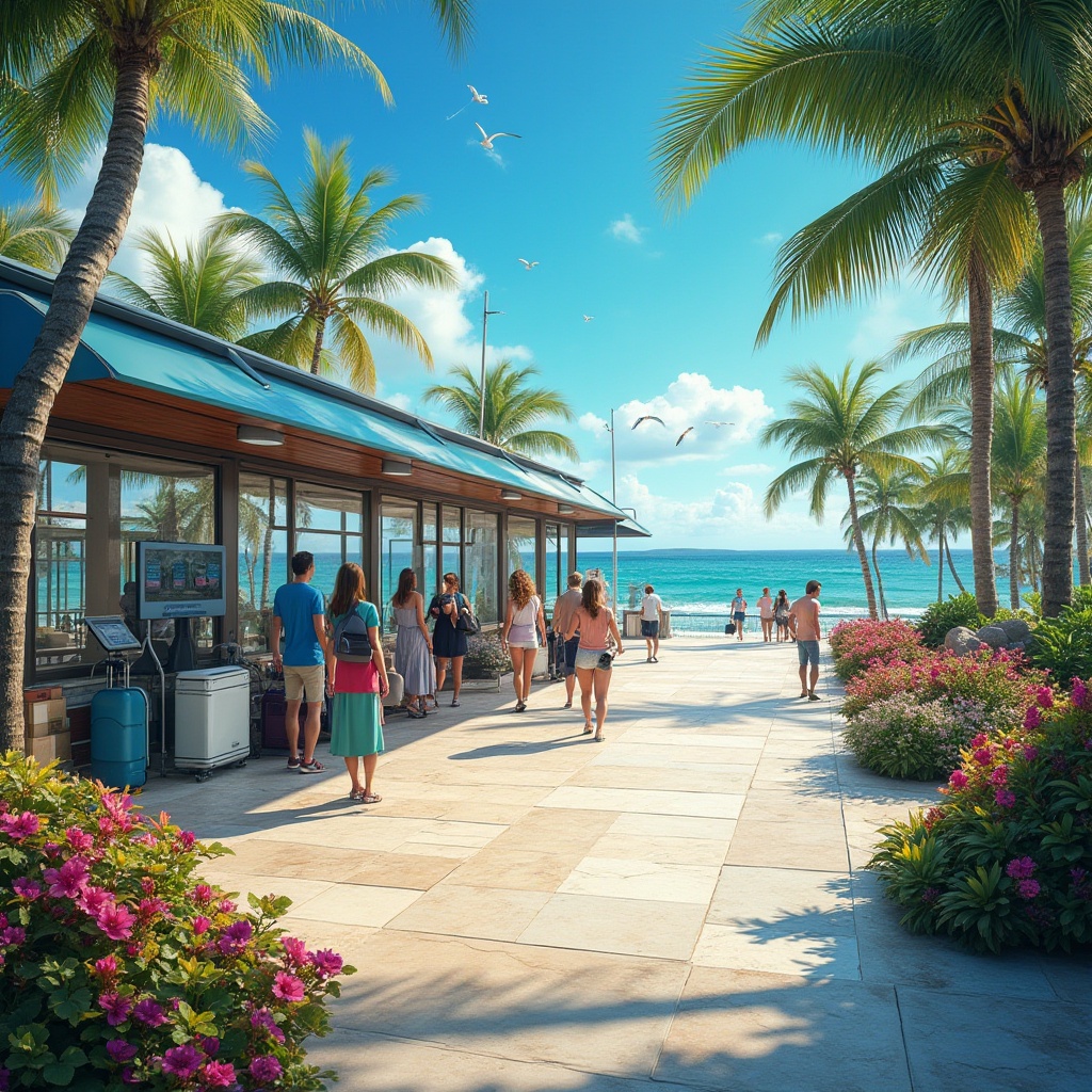 Prompt: Tropical island train station, palm trees surrounding, vibrant colorful flowers, sunny weather, blue sky with few clouds, modern sleek architecture, curved lines, large glass windows, steel frames, wooden accents, natural stone flooring, ocean views, beachside, waves crashing in background, seagulls flying overhead, passengers in summer clothing, luggage carts, ticket booths, departure boards, warm lighting, afternoon ambiance, 3/4 composition, wide-angle lens.