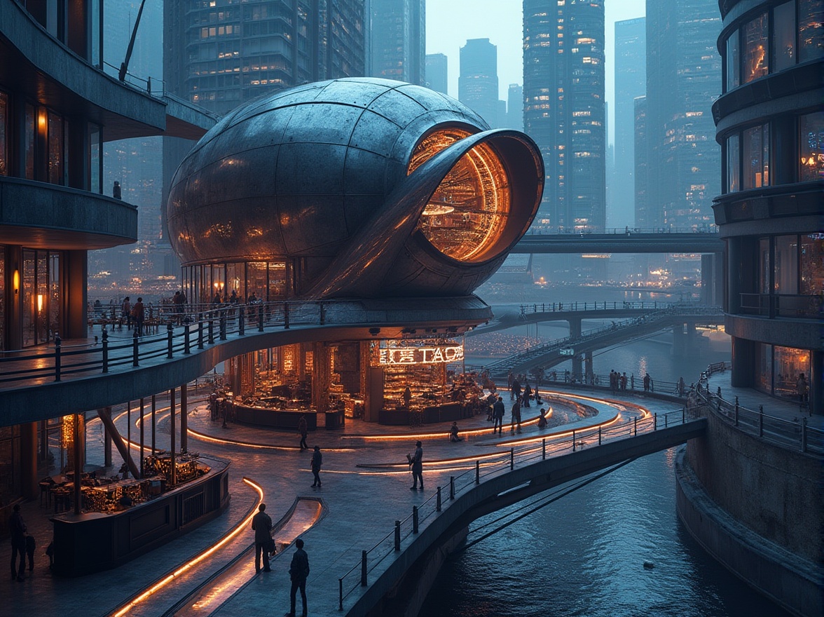 Prompt: Bar constructivism, futuristic architecture, modern building, urban landscape, cityscape, metallic materials, glass façade, neon lights, sleek lines, geometric shapes, avant-garde design, 3/4 composition, high-angle shot, dramatic lighting, industrial atmosphere.