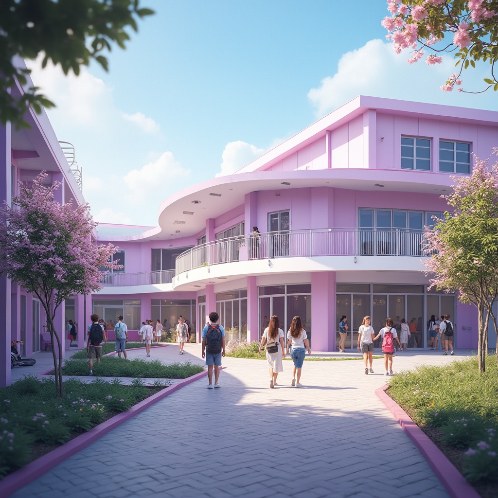 Prompt: Lilac colored school building, modern architecture, curved lines, large windows, natural light, lilac accents on walls and roofs, white columns, lush greenery surrounding, vibrant flowers blooming, students walking in courtyard, backpacks and laptops, casual clothing, relaxed atmosphere, soft focus, warm lighting, shallow depth of field, educational setting, youthful energy.