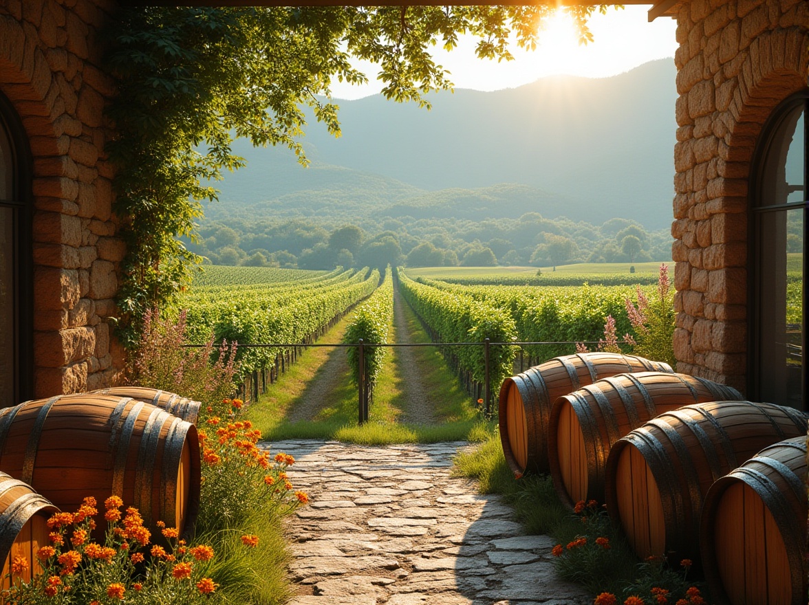 Prompt: Wineries, rural landscape, vineyard, rolling hills, lush green grasslands, wildflowers blooming in vibrant colors, wooden wine barrels, rustic stone walls, earthy tone buildings, natural light pouring through large windows, warm and cozy interior, modern minimalist decor, steel fermentation tanks, oak aging barrels, wine-making equipment, wine-tasting area, panoramic view of the vineyard, 3/4 composition, soft golden lighting, cinematic ambiance, early morning mist, serene atmosphere.