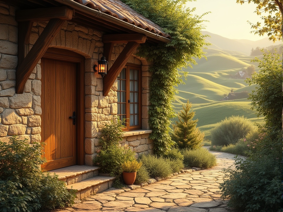 Prompt: Warm wheat color, rustic building, cozy cottage, wooden door, stone walls, ivy climbing, sunny afternoon, soft natural light, gentle shadows, serene atmosphere, rolling hills, lush greenery, meandering path, vintage lantern, earthy tone, textured stonework, aged wooden beams, nostalgic feel, inviting entrance, peaceful scenery, warm color palette.