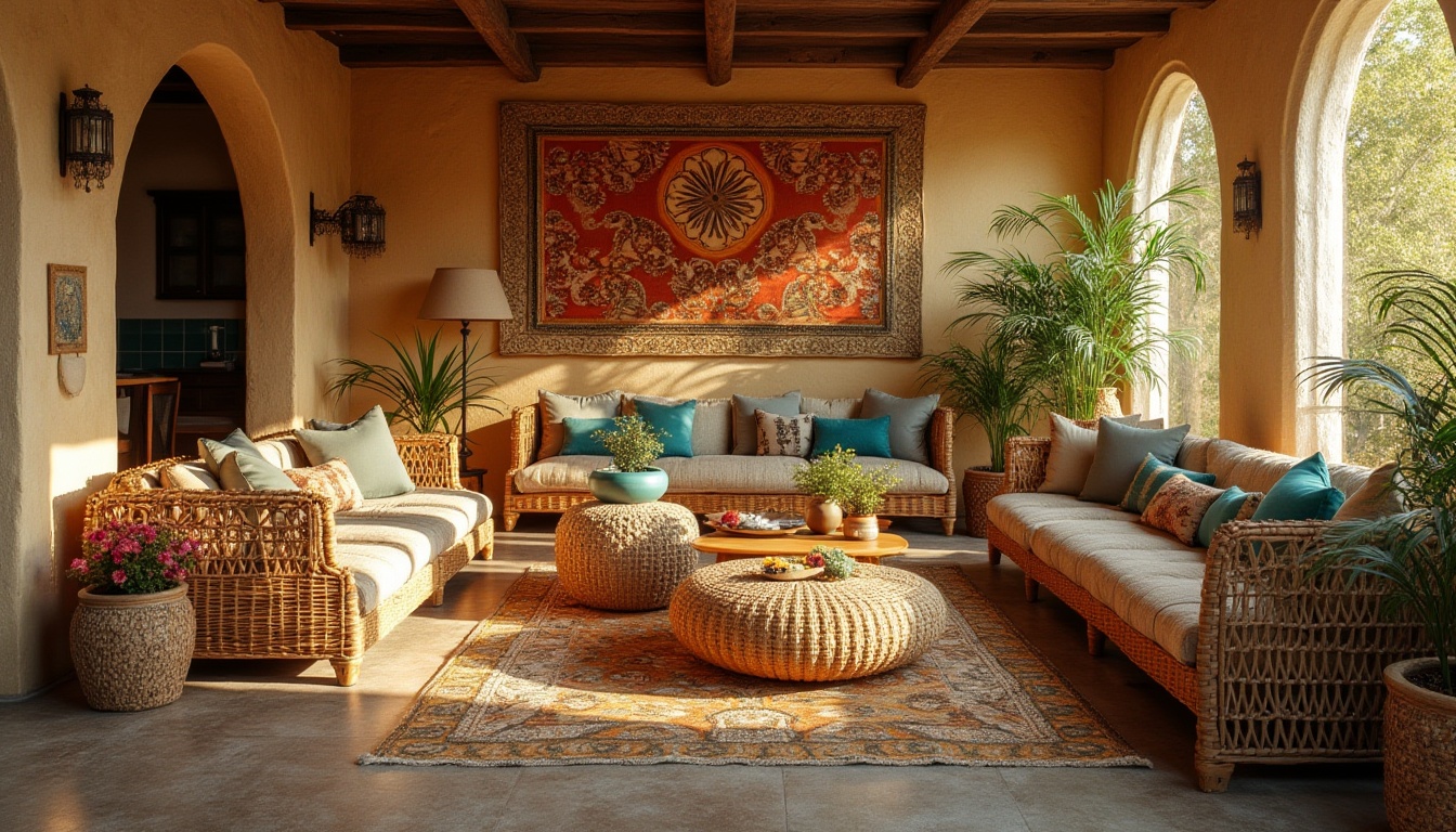 Prompt: Savannah-inspired, African-style patterns, vibrant earth tones, warm beige, rich brown, turquoise accents, intricate tribal prints, woven basket texture, natural linen fabric, distressed wood, rattan furniture, pampas grass, exotic flowers, sunny afternoon, golden hour, warm soft lighting, cinematic composition, 3/4 view angle.