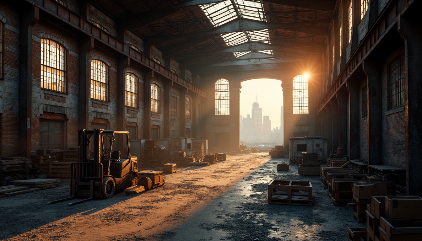 Prompt: Industrial warehouse, vintage rusty metal beams, exposed brick walls, concrete floors, steel framed windows, old wooden crates, dim warm lighting, afternoon sunbeams, dusty atmosphere, worn-out machinery, abandoned forklifts, scattered tools, rough stone exterior, urban landscape, city skyline, modern skyscrapers in distance, contrast of old and new, cinematic composition, high angle shot, moody ambient light.