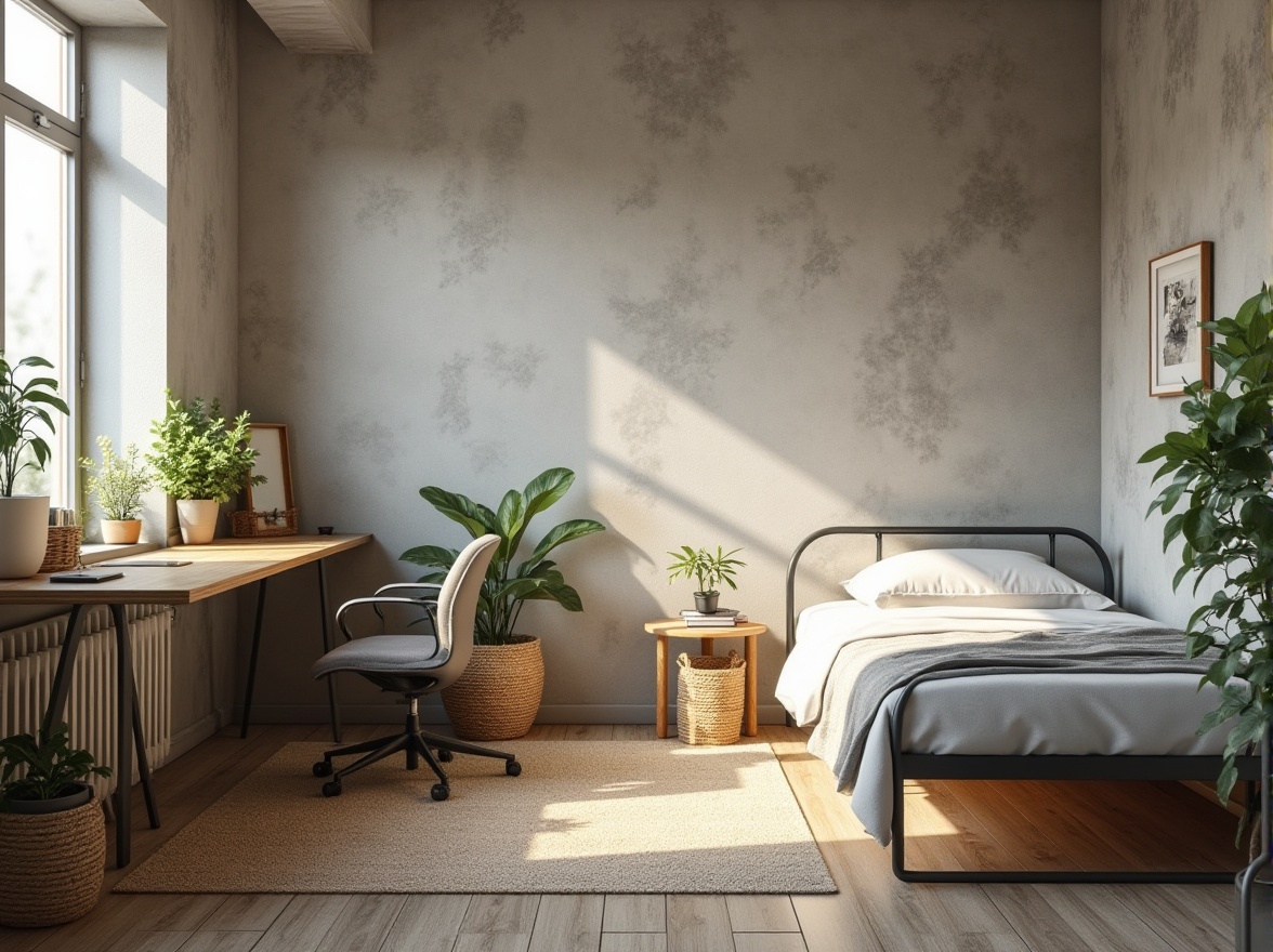 Prompt: Modern dorm room, minimalist style, Chukum material accent wall, 3/4 composition, warm softbox lighting, cozy atmosphere, simple wooden desk, ergonomic chair, potted plants, woven basket storage, grey and white tone, textured rug, industrial chic decor, natural wood grain, rustic metal frame bed, serene ambiance, morning sunlight, gentle shadows.