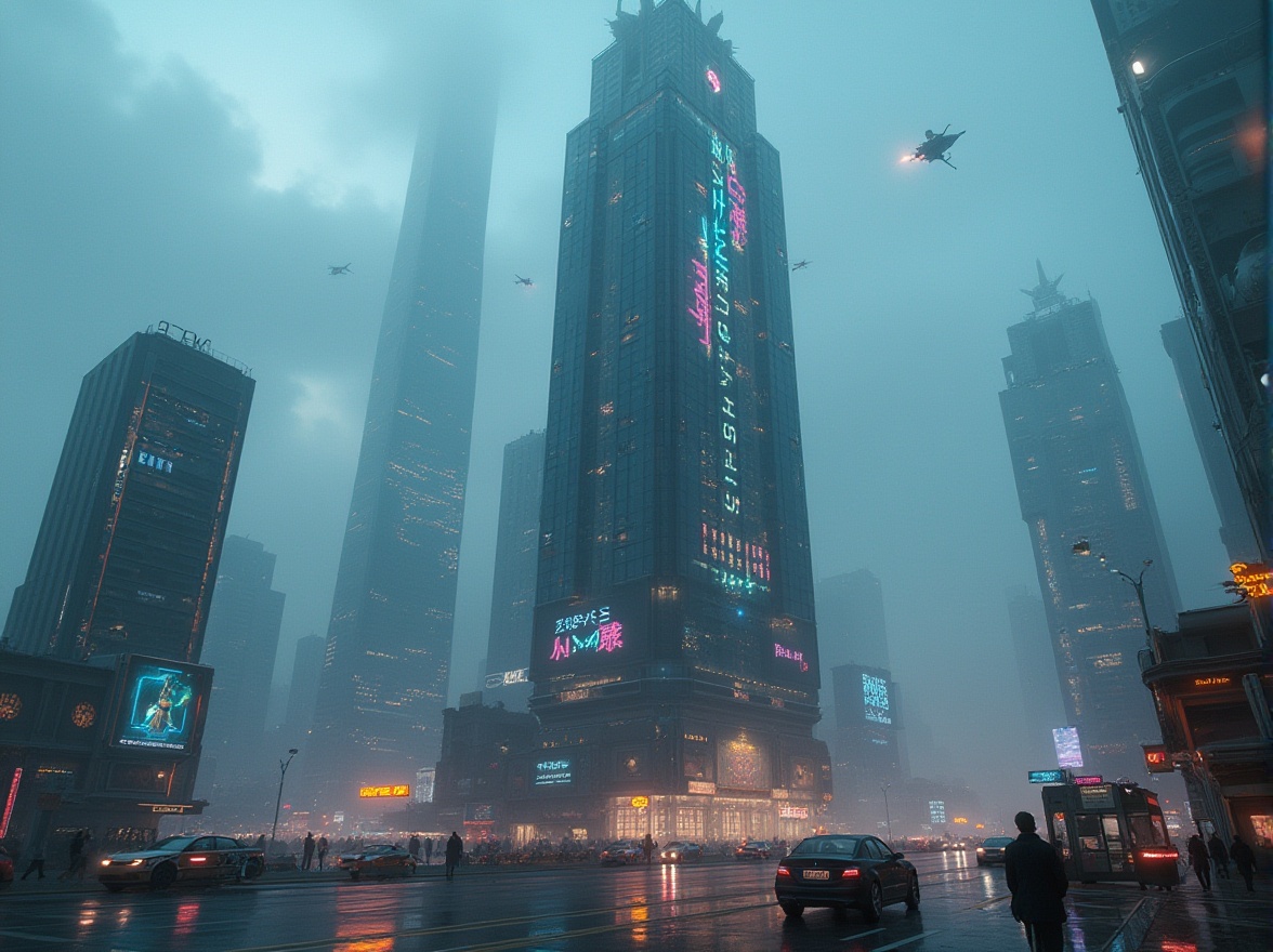 Prompt: Futuristic, sleek, neon-lit skyscraper, experimental architecture, irregular shapes, metallic materials, glass facade, LED lights, holographic advertisements, cityscape, urban jungle, bustling streets, flying cars, robots, drones, advanced technology, cyberpunk atmosphere, atmospheric fog, misty ambiance, cinematic composition, wide-angle lens, low-angle shot.