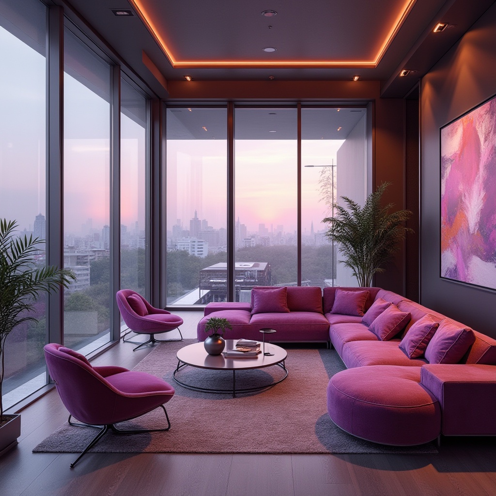 Prompt: Postmodern steel-framed interior, luxurious living room, orchid color accents, metallic sheen, glossy finish, modern minimalist furniture, low-poly geometric shapes, industrial chic decor, abstract artwork, floor-to-ceiling windows, cityscape view, 3/4 composition, softbox lighting, warm ambient glow, shallow depth of field, cinematic atmosphere, HDR rendering.