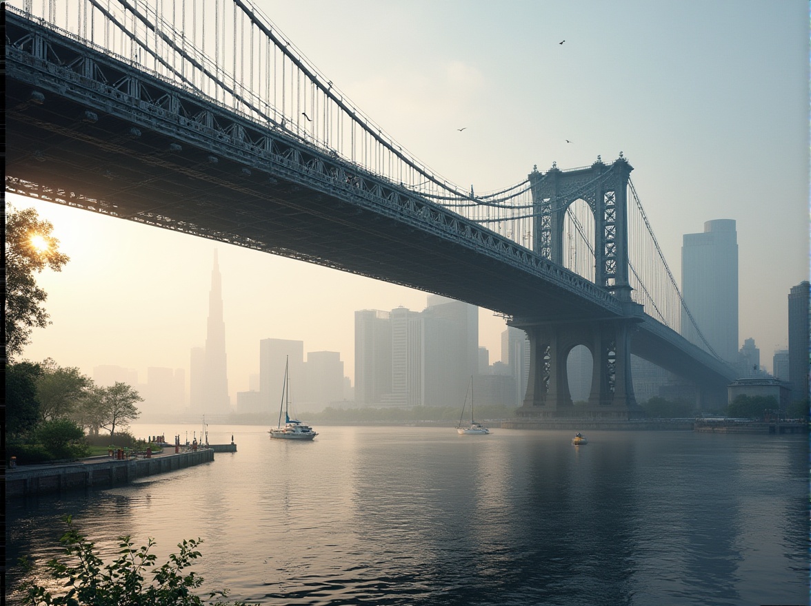 Prompt: International style bridge, grandeur architecture, steel beams, symmetrical composition, modern minimalist design, urban cityscape, morning mist, soft warm lighting, river flowing underneath, gentle ripples on water surface, lush greenery on riverbanks, few sailboats moored, seagulls flying overhead, majestic skyscrapers in background, 3/4 angle shot, shallow depth of field, cinematic atmosphere.