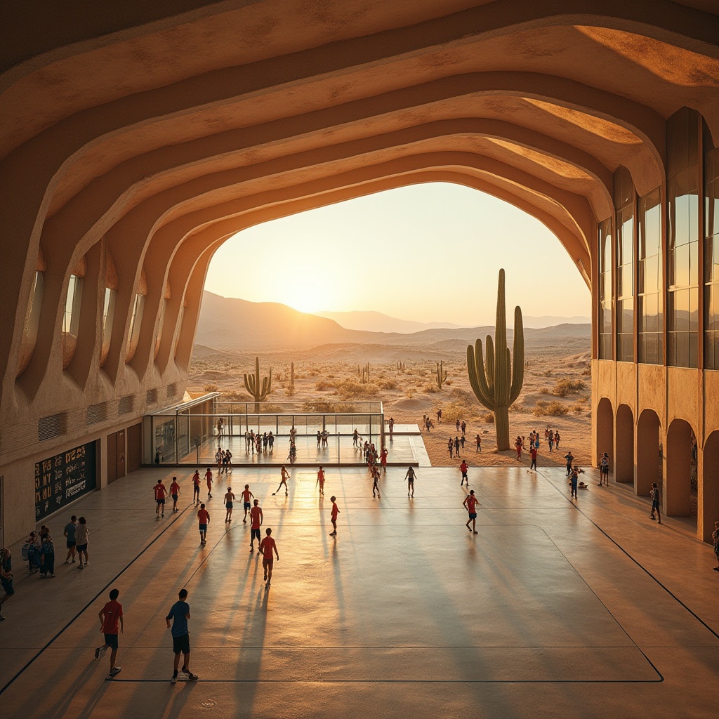 Prompt: Desert gymnasium, modern architecture, angular lines, vast sand dunes, cacti scattered, sunset glow, warm light, sandy texture, glass facade, metallic frames, sleek floors, state-of-the-art equipment, running tracks, basketball courts, swimming pools, athletes in motion, dynamic poses, sporty outfits, sneakers, sweat, determination, panoramic view, low-angle shot, dramatic lighting, high-contrast composition.