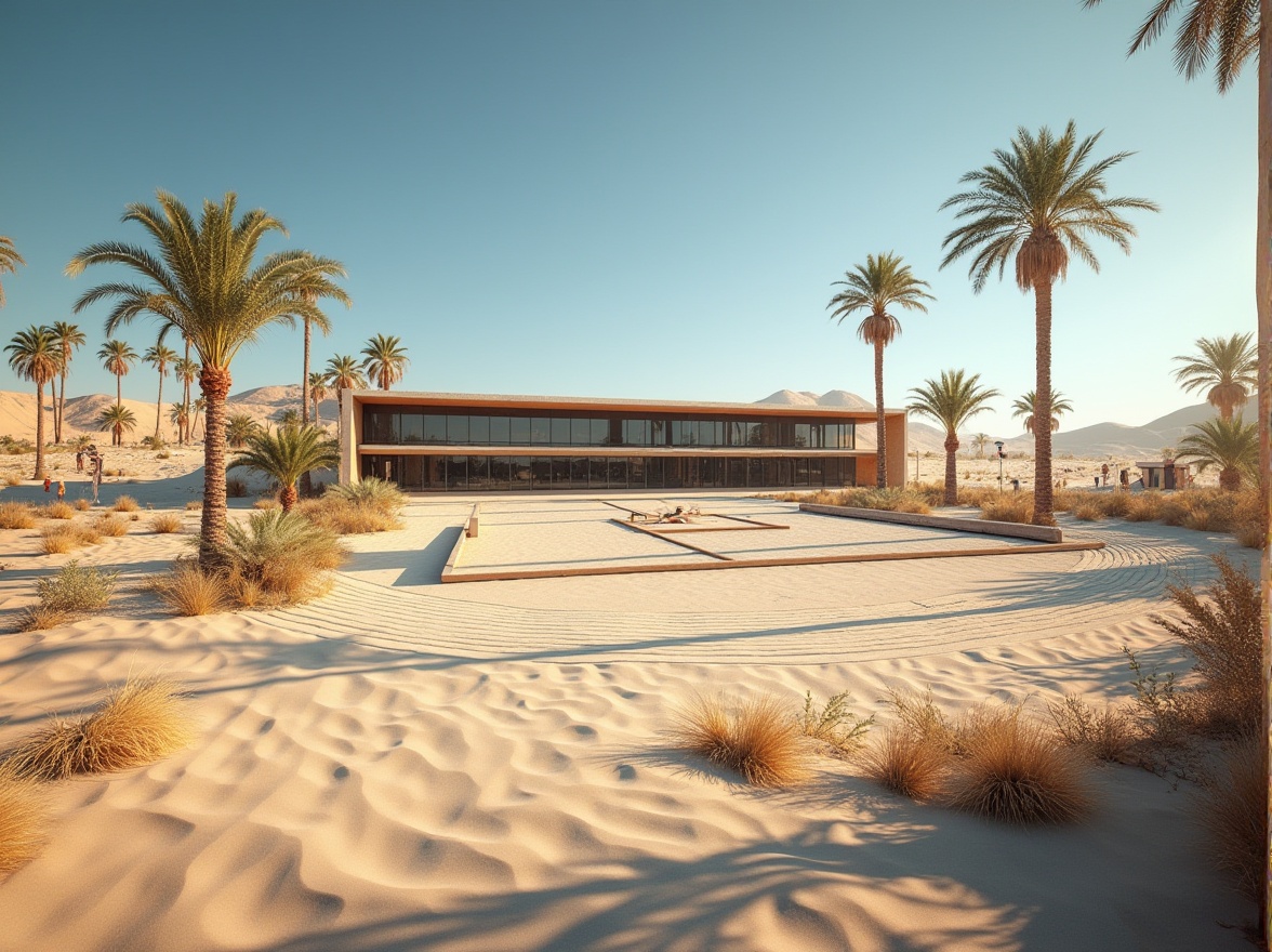 Prompt: Desert-themed gymnasium, modern architecture, vast sandy dunes, clear blue sky, palm trees surrounding, athletic tracks, sports fields, outdoor exercise equipment, metallic structures, glass walls, sliding doors, wooden floors, minimal interior design, bright natural lighting, shadows of athletes, dynamic camera angles, low-angle shot, warm color tone, high contrast.