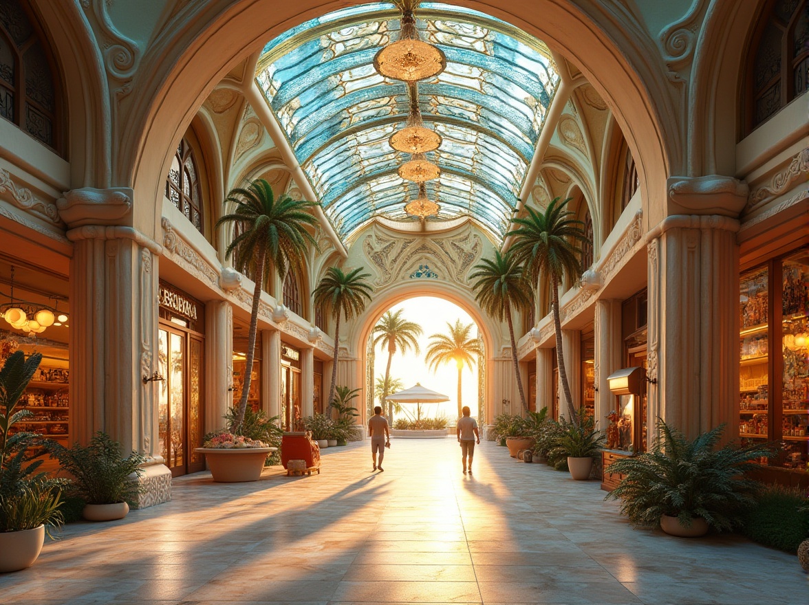 Prompt: Art Nouveau, shopping center, beach-inspired, grand entrance, curved lines, ornate decorations, stained glass ceiling, ocean-blue tiles, seashell motifs, wavy patterns, coral-like structures, palm trees, tropical plants, warm sandy tones, soft golden lighting, panoramic view, 3/4 composition, shallow depth of field, vibrant colors, intricate details, luxurious atmosphere, sunset hour, dramatic shadows, ambient occlusion.