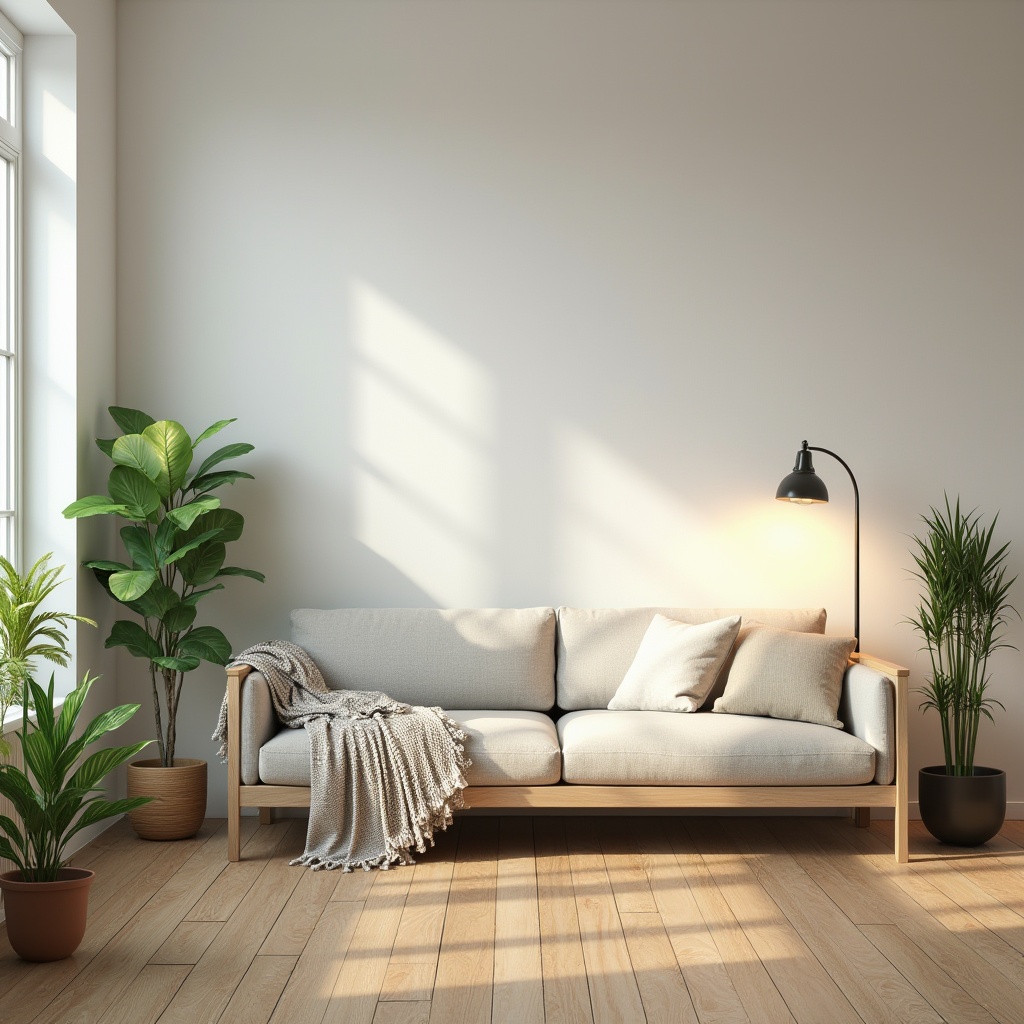 Prompt: Suburban home, minimalist interior, simple furniture, white walls, wooden floor, large windows, natural light, greenery, potted plants, cozy reading nook, comfortable sofa, throw blankets, modern lamp, empty space, calm atmosphere, morning sunlight, soft focus, shallow depth of field, 3/4 composition, warm and inviting ambiance.