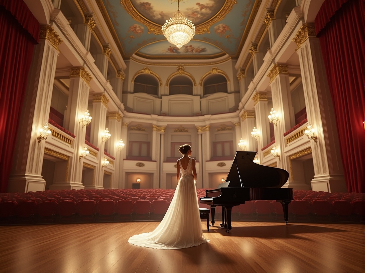 Prompt: Grand, luxurious concert hall, Baroque architecture, high ceiling, ornate chandeliers, white marble columns, intricate gold ornaments, red velvet curtains, polished wooden floors, grand piano, solo musician, elegant white gown, pearl necklace, sophisticated hairstyle, subtle makeup, dramatic spotlight, soft box seating, ornate balconies, detailed fresco ceiling, warm ambient lighting, cinematic composition, wide-angle shot.