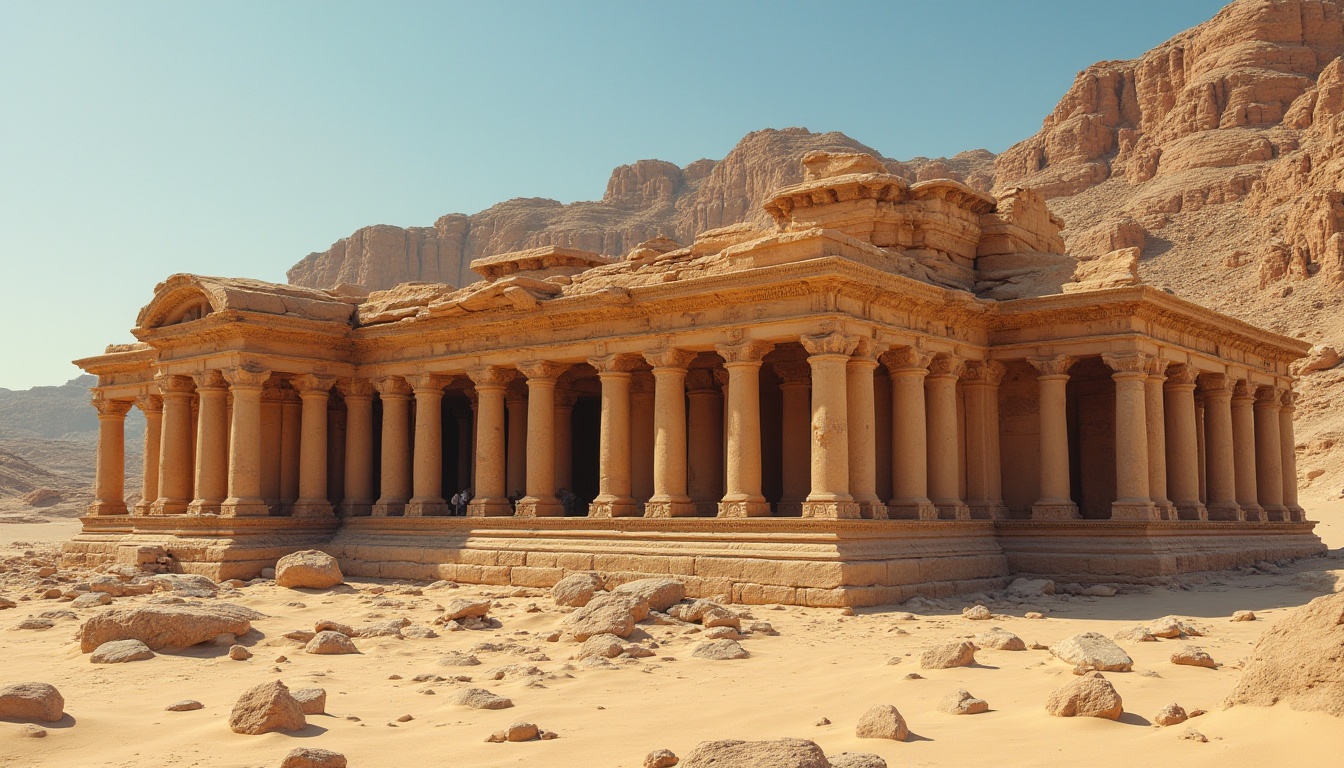 Prompt: Ancient monument, sandstone material, intricate carvings, ornate details, rustic texture, weathered exterior, grand structure, stone pillars, sprawling foundation, desert landscape, sandy dunes, clear blue sky, warm sunlight, low-angle shot, dramatic lighting, cinematic composition.