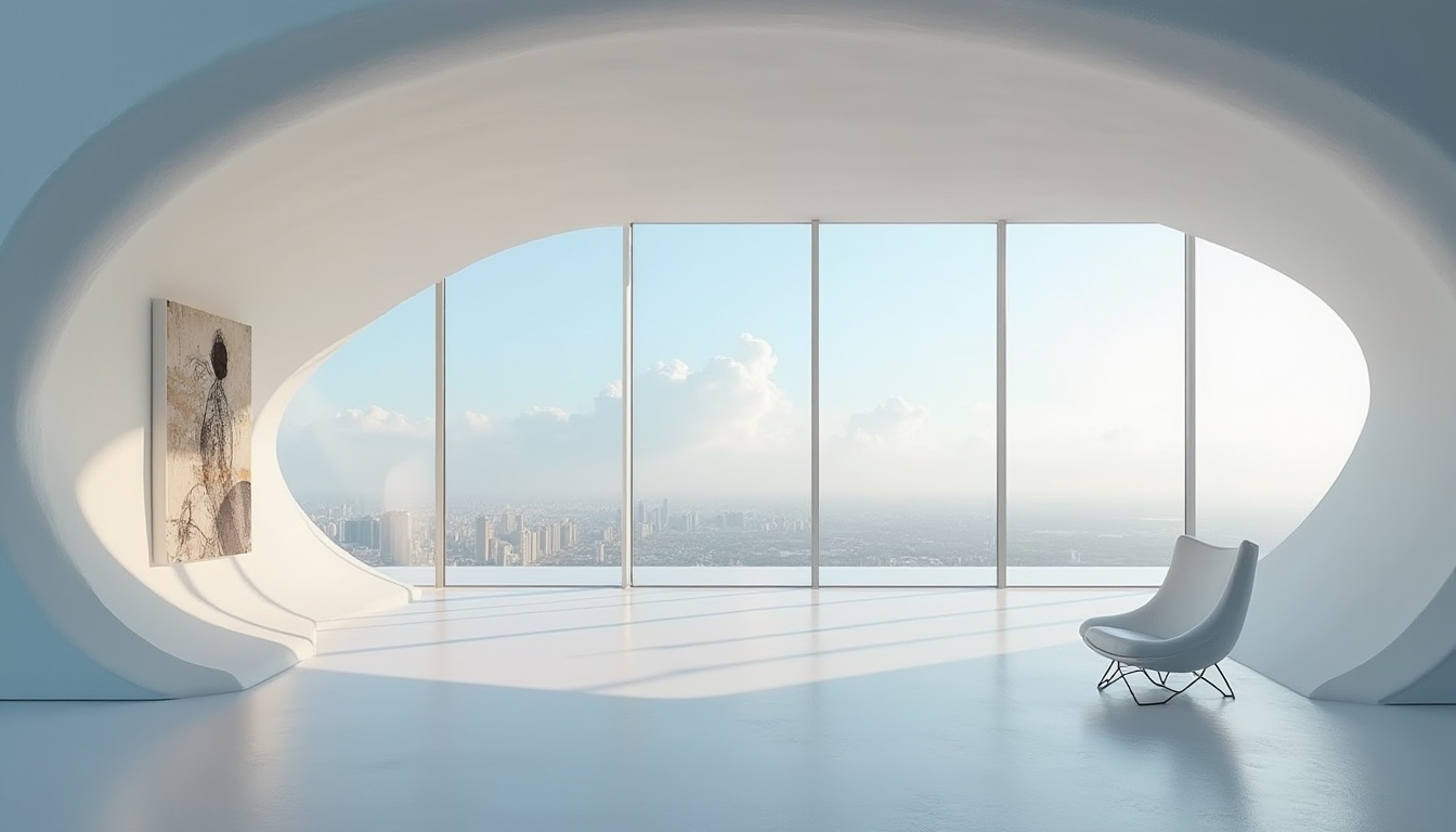 Prompt: Modern pavilion, futuristic architecture, sleek lines, curved shapes, white plaster material, smooth texture, natural light reflection, minimalist interior design, empty space, solo modern chair, abstract art piece on wall, floor-to-ceiling windows, panoramic view, cityscape background, blue sky with few clouds, warm ambient lighting, cinematic composition, 3/4 shot, close-up of plaster details.