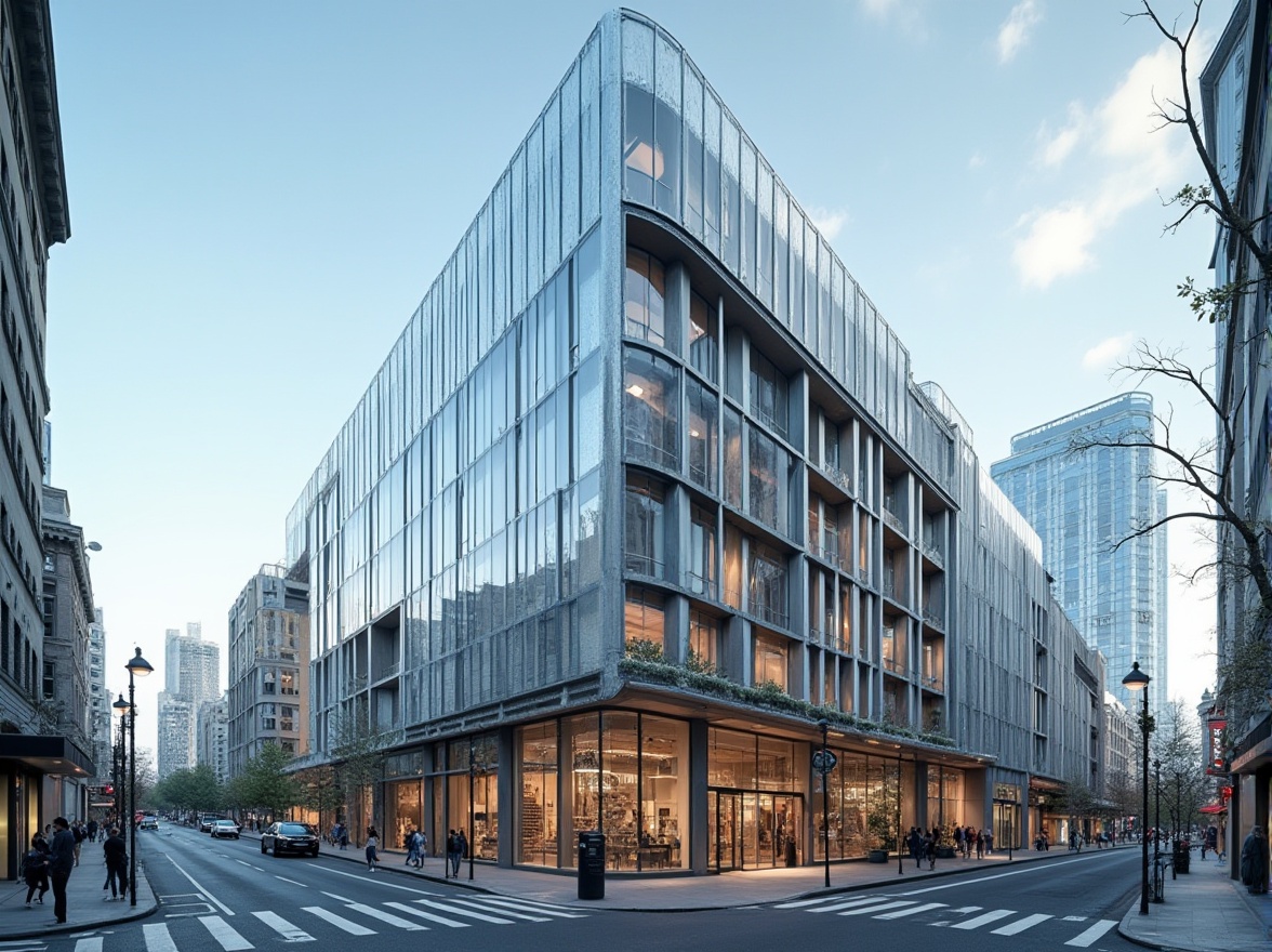 Prompt: Modern architecture, steel-framed building, futuristic design, sleek lines, metallic texture, silver color, reflective surface, glass facade, urban cityscape, busy streets, daytime, clear sky, low-angle shot, dramatic lighting, emphasis on structure, minimalist composition, industrial feel, brutalist style.