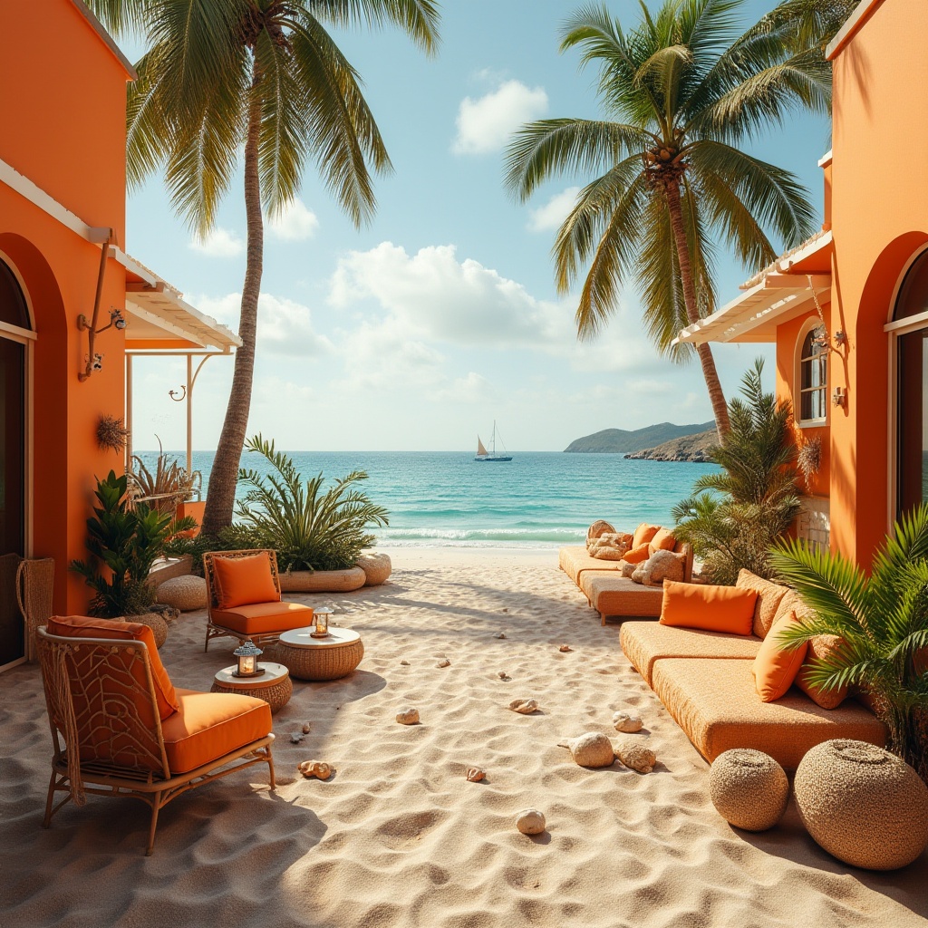 Prompt: Coastal spaces, vibrant tangerine color, warm sunny day, beachside buildings, wooden decks, nautical ropes, seashells, driftwood, tropical plants, palm trees, succulents, sandy dunes, calm ocean waves, sailboats in the distance, minimal modern furniture, wicker chairs, lanterns, rattan baskets, woven textiles, natural materials, earthy tones, warm lighting, 3/4 composition, panoramic view, soft focus background, HDR.