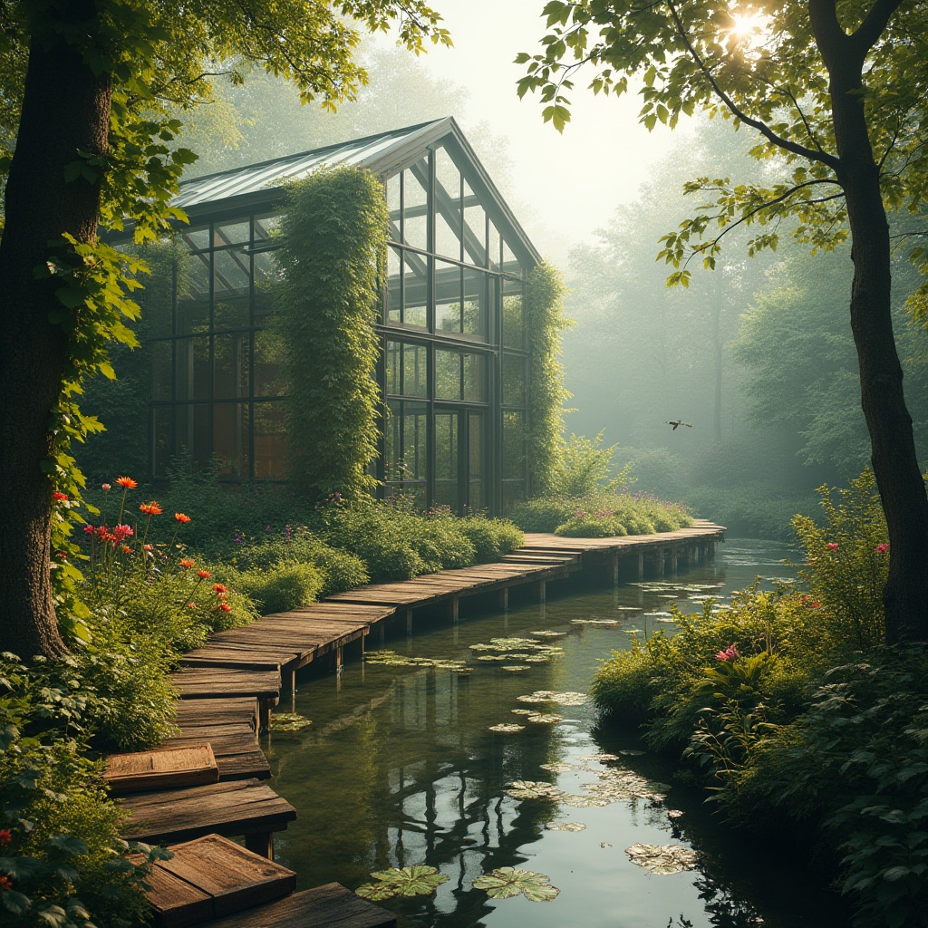 Prompt: Serene forest landscape, integrating modern greenhouses, lush trees surrounding, vines crawling up glass walls, misty atmosphere, warm soft lighting, wooden pathways, stepping stones, wildflowers blooming in vibrant colors, ferns and moss covering the ground, a small pond nearby, reflecting the greenhouse's architecture, shallow water lilies floating, a few birds flying overhead, morning dew glistening on leaves, cinematic composition, 3/4 view, natural color palette, detailed textures.