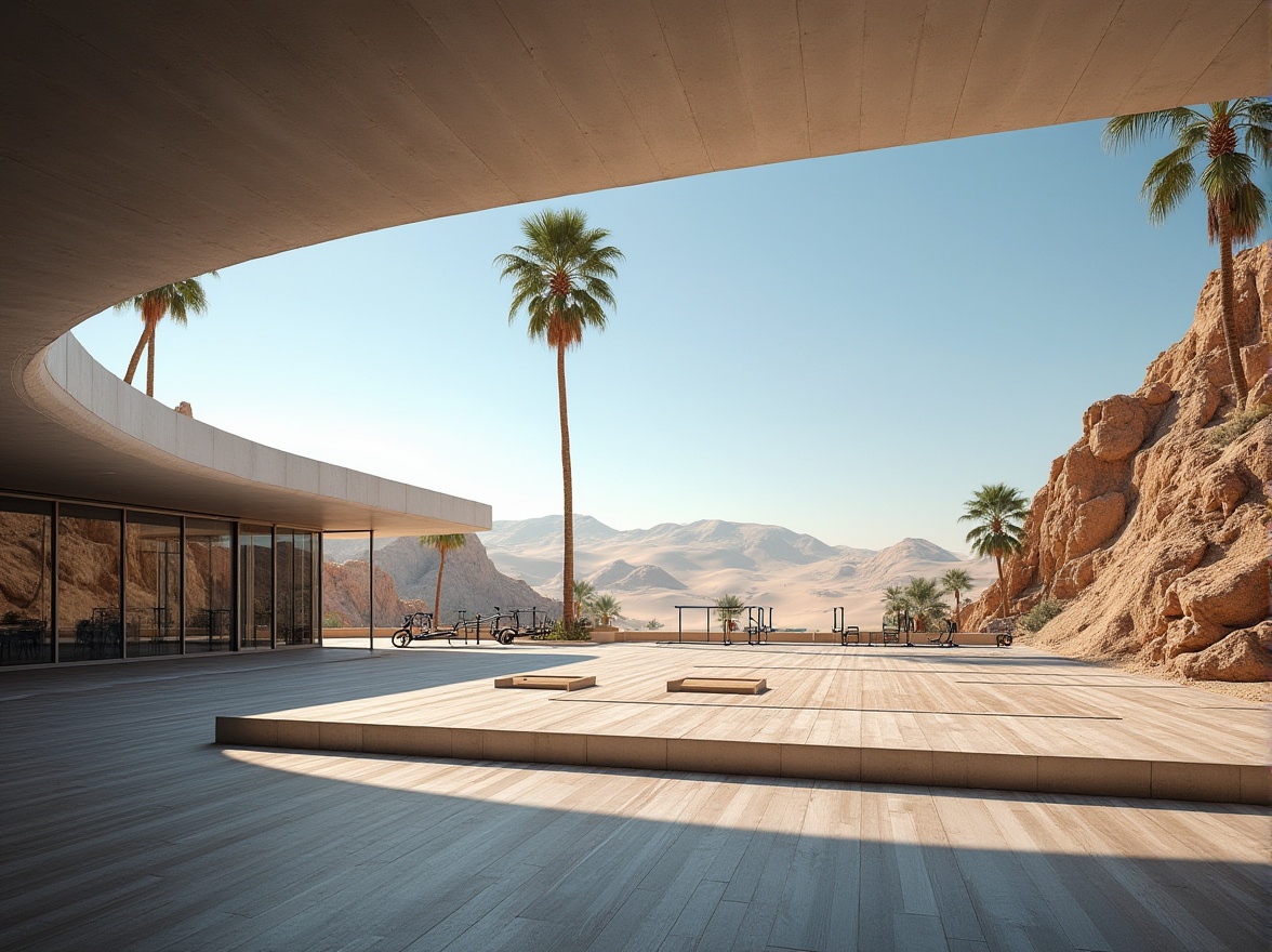 Prompt: Modern gymnasium, desert environment, vast sandy dunes, clear blue sky, palm trees, rocky outcrops, metallic structure, glass walls, sleek lines, minimalism, athletic tracks, running lanes, jumping pits, weightlifting areas, exercise machines, mirrored walls, wooden floors, ambient lighting, warm color tones, 3/4 composition, low-angle shot, dramatic shadows, soft focus, HDR, realistic rendering.