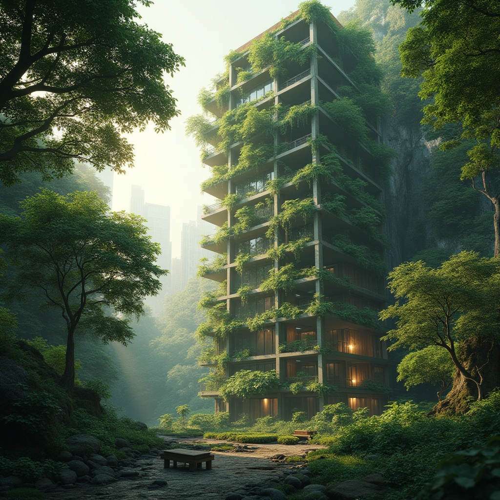 Prompt: Green skyscraper, blending into lush forest, vines crawling up modern columns, leafy canopies shading walkways, natural stone walls merging with tree trunks, wooden accents echoing forest textures, floor-to-ceiling windows reflecting treetop views, soft indirect lighting, misty morning atmosphere, panoramic cityscape background, 3/4 composition, warm color palette, shallow depth of field, cinematic mood.