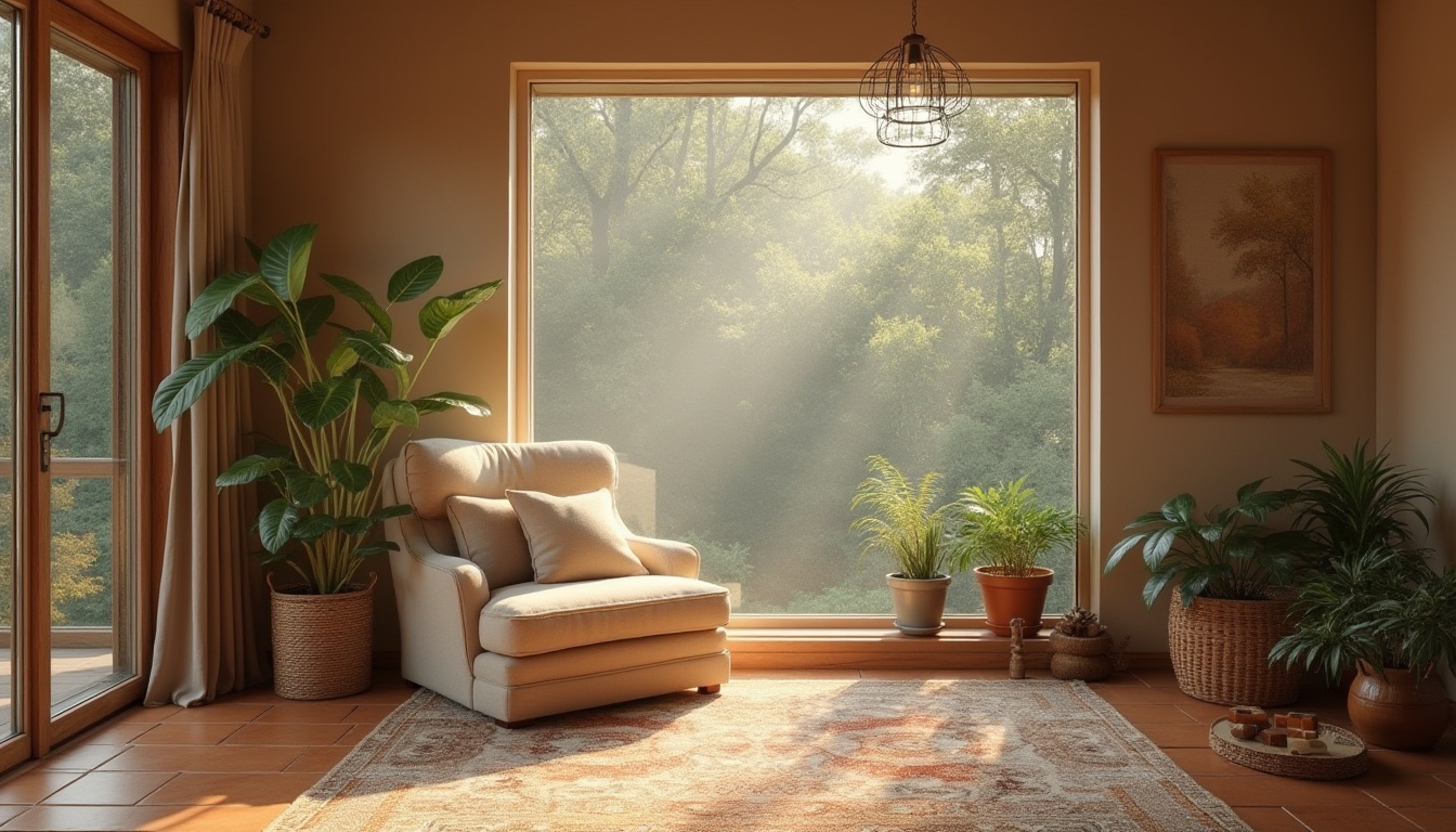 Prompt: Earth-toned brown color palette, tranquil space atmosphere, wooden accents, beige walls, terracotta floor tiles, natural textiles, woven baskets, potted plants with green leaves, warm lighting, cozy reading nook, comfortable oversized armchair, soft cushion throw pillows, vintage rug with earthy patterns, nature-inspired artwork, serene forest backdrop, misty morning fog, gentle sunlight filtering through trees.