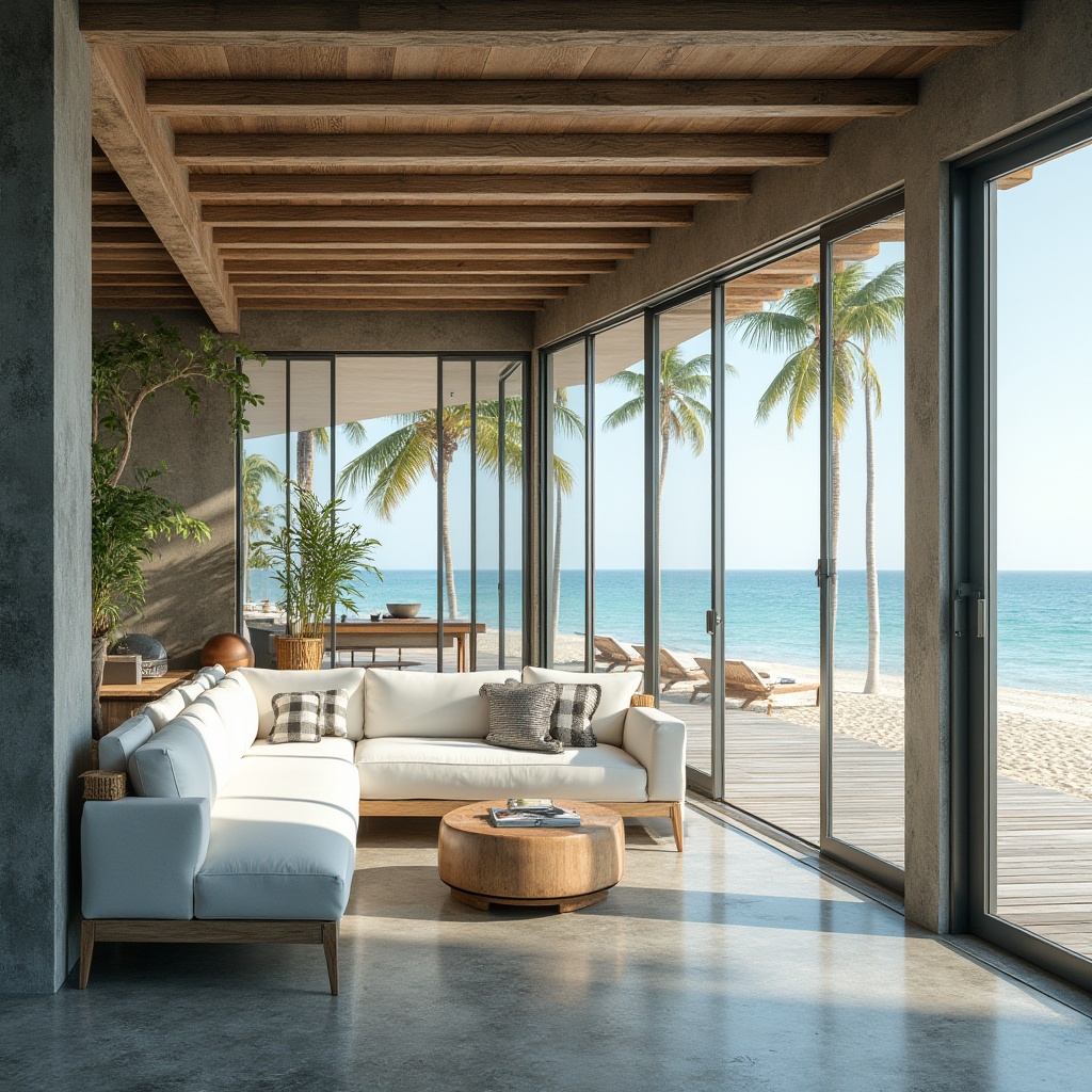 Prompt: Beach modernism, luxurious villa, galvanized steel accents, weathered wood, large windows, sliding glass doors, ocean view, palm trees, sandy beach, warm sunlight, gentle sea breeze, outdoor lounge area, sectional sofa, nautical rope details, minimalist decor, industrial chic, metal beams, polished concrete floor, soft blue and white color palette, natural textures, 3/4 composition, wide-angle lens, cinematic lighting.