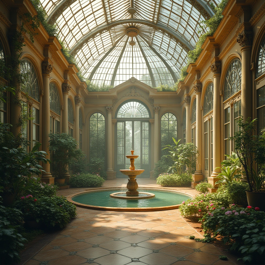 Prompt: Neoclassical greenhouse, grandiose architecture, ornate details, marble columns, glass roof, lush greenery, exotic flowers, vines crawling up walls, elegant fountain, statues of Greek gods, intricate ironwork, warm natural light, soft mist, serene atmosphere, 3/4 composition, symmetrical framing, shallow depth of field, warm color palette, cinematic lighting, realistic textures.