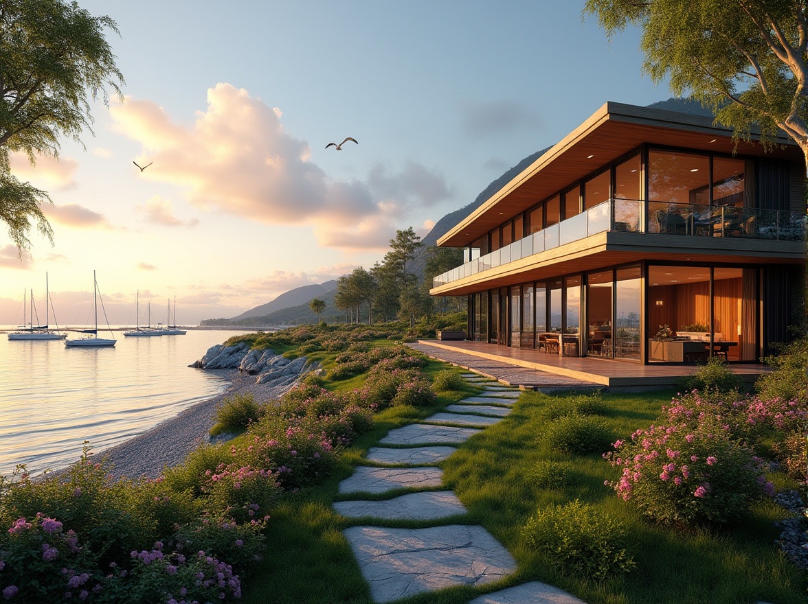 Prompt: Lakefront, modern villa, luxurious social housing, unique architecture, glass walls, wooden decks, outdoor seating area, lake view, sunset, warm lighting, calm atmosphere, few sailboats docked, seagulls flying overhead, lush greenery surrounding the building, flowers blooming in vibrant colors, winding stone path, leading to a private beach, serene ambiance, peaceful coexistence with nature.