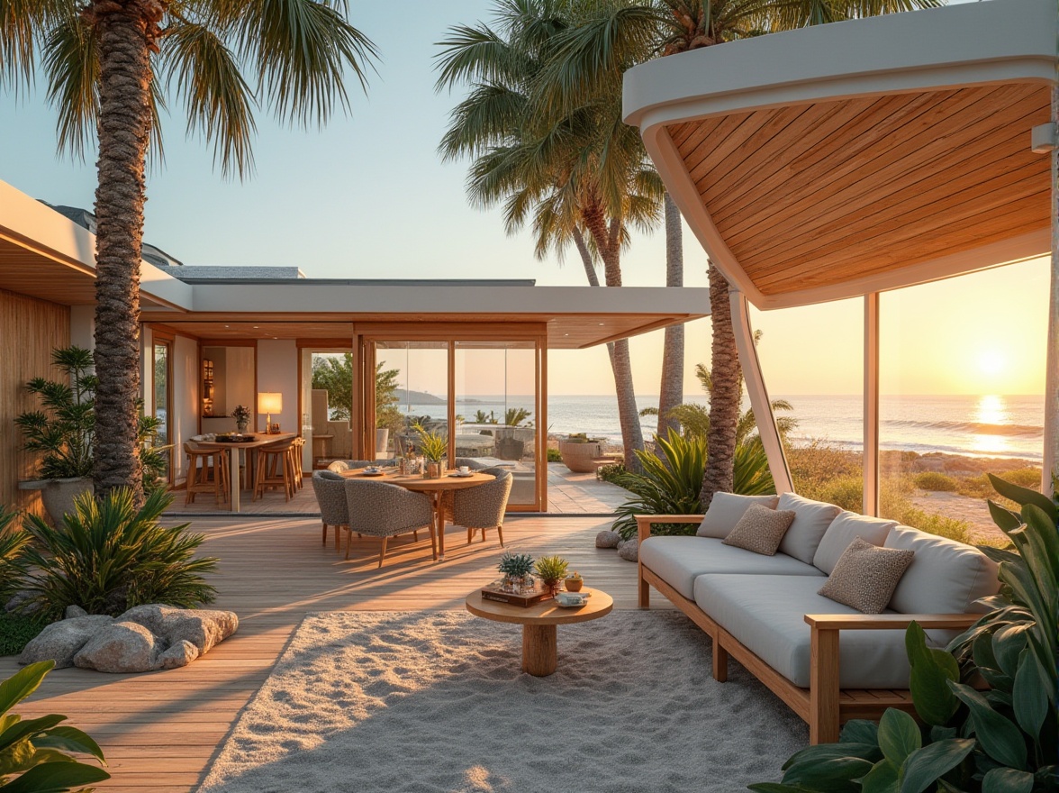 Prompt: Beach home, sustainable design, eco-friendly, modern architecture, large windows, natural ventilation, solar panels, recycled materials, wooden decks, coastal plants, driftwood furniture, seashell decorations, ocean views, sunrise, beachy atmosphere, warm lighting, 3/4 composition, shallow depth of field, natural colors, earthy tones.