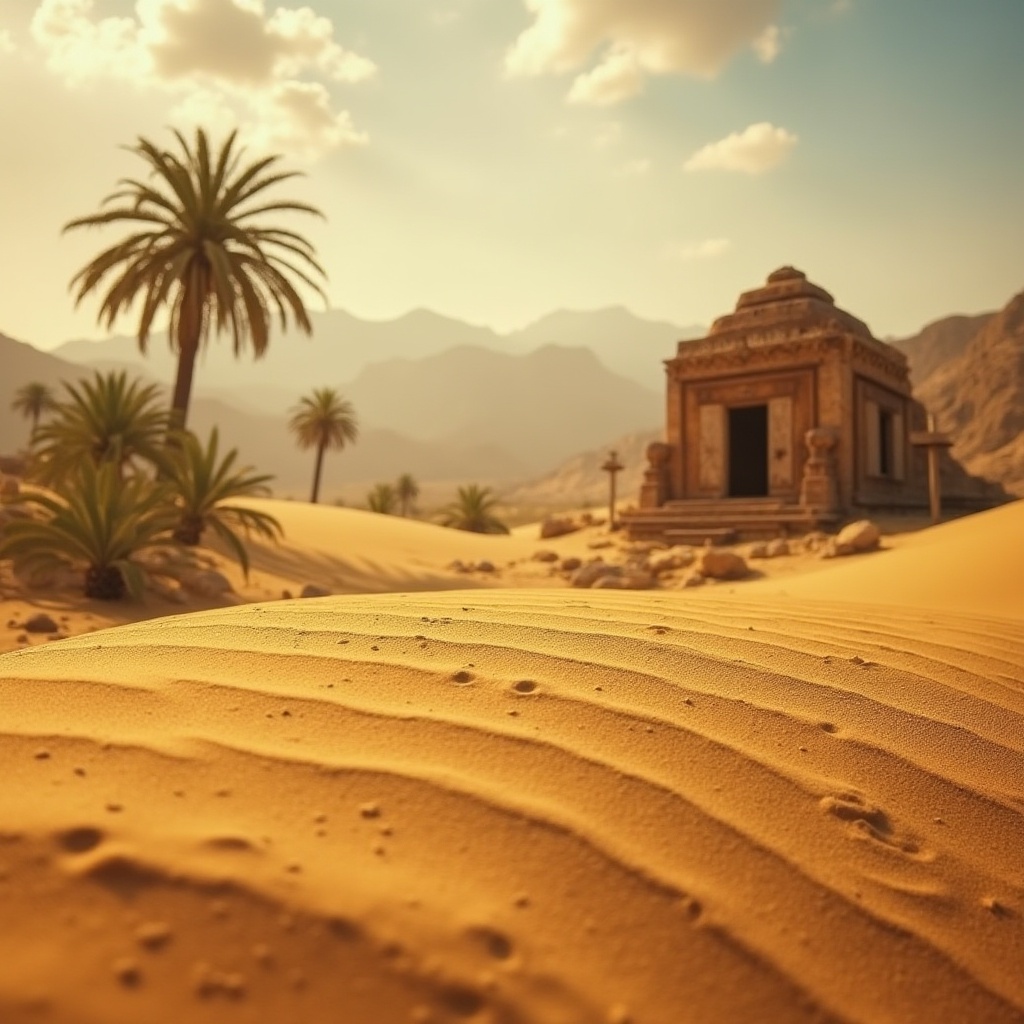 Prompt: Sand texture, desert landscape, natural scenery, vast dune, golden yellow color, warm lighting, cinematic composition, shallow depth of field, dramatic sky with few clouds, foreground sand ripples, background blurry mountains, ancient architecture, abandoned temple, intricate carvings, rusty metal door, old wooden sign, scattered palm trees, serene atmosphere, soft focus, natural colors, earthy tone, high contrast, abstract pattern.