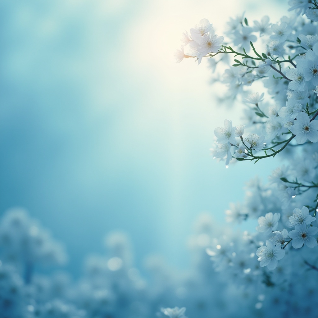 Prompt: Light blue color, soothing atmosphere, calming mood, serene background, gentle gradient, soft texture, subtle shine, pastel hues, delicate petals, peaceful environment, misty morning, dew drops on leaves, gentle breeze, quiet garden, flowers in bloom, natural scenery, warm sunlight filtering through trees, 3/4 composition, shallow depth of field, cinematic lighting.