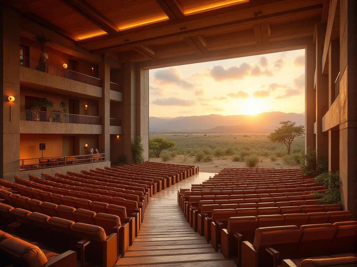 Prompt: African savannah, auditorium interior, grand staircase, wooden railings, earthy tones, warm lighting, comfortable seating, amphitheater-style arrangement, African-inspired patterns, natural materials, stone walls, wooden ceiling, large windows, panoramic view, sunset time, golden light, acacia trees, grasslands, distant mountains, serene atmosphere, soft focus, warm ambient lighting.