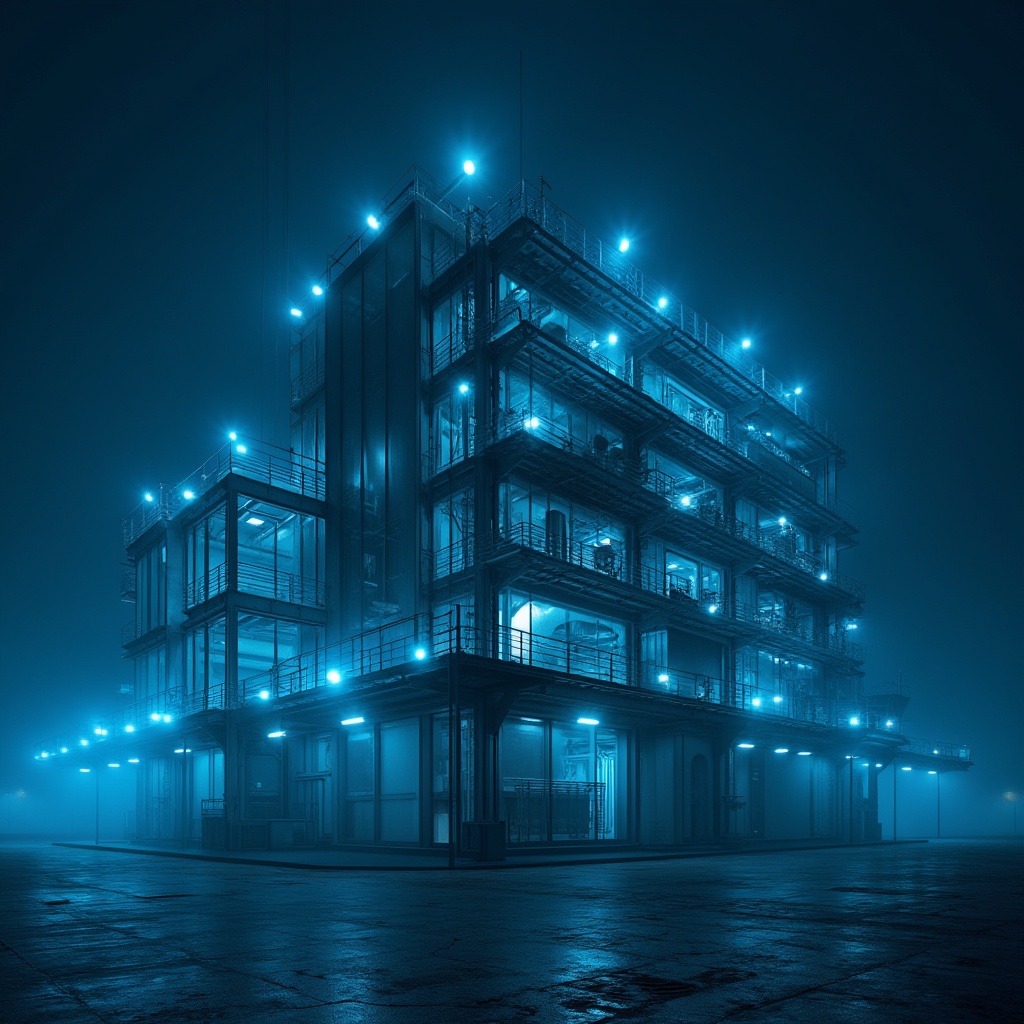 Prompt: Industrial modern energy plant, structuralism style, futuristic architecture, metallic materials, steel beams, glass walls, LED lights, pipes and machinery, minimalist design, clean lines, geometric shapes, 3/4 composition, low-angle shot, dramatic lighting, blue tone color palette, urban cityscape, night scene, fog effect, misty atmosphere.