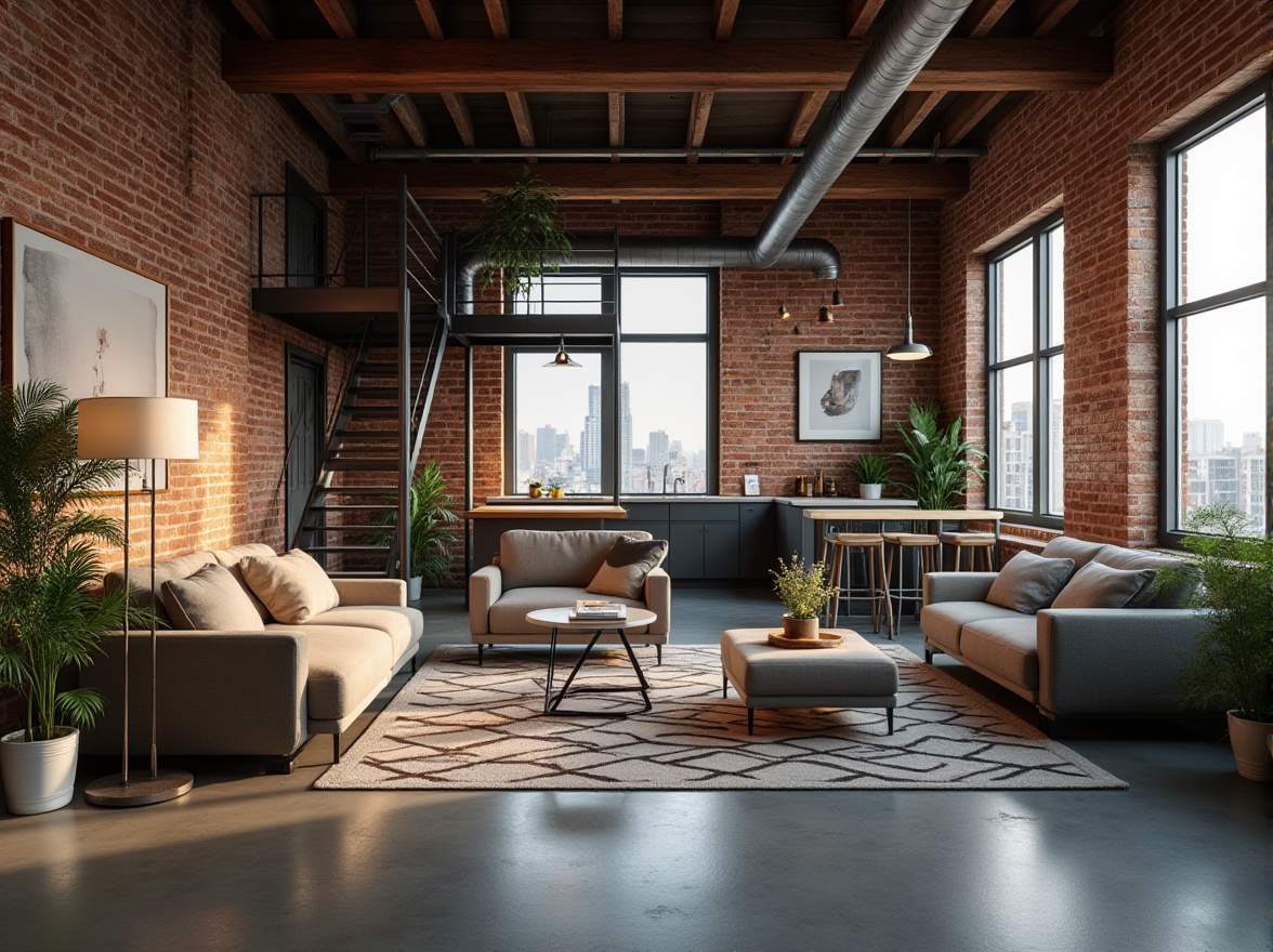 Prompt: Industrial loft, social housing, functional space, modern interior design, exposed brick walls, high ceilings, wooden beams, metal staircase, minimalist decor, cozy reading nook, comfortable sofas, floor lamps, industrial-style lighting fixtures, open-plan living area, kitchen island, stainless steel appliances, urban cityscape views, large windows, natural light pouring in, concrete floors, rug with geometric patterns, potted plants, abstract artwork on walls, warm and inviting atmosphere, soft ambient lighting, 3/4 composition, shallow depth of field.