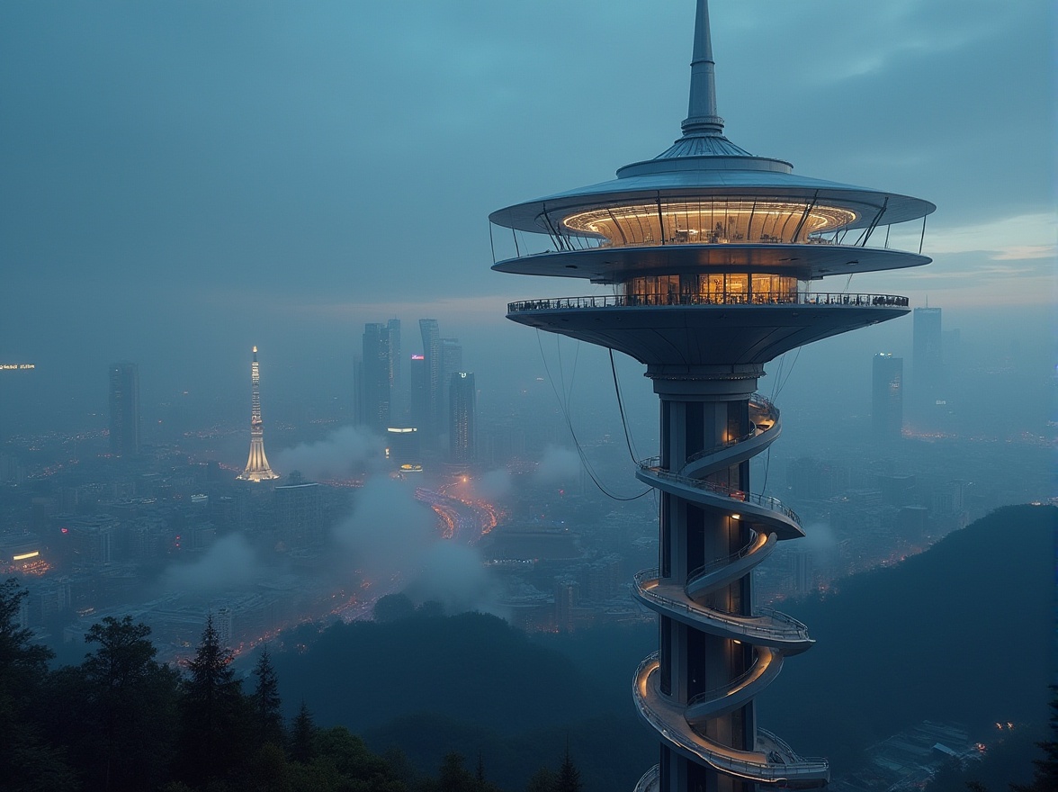 Prompt: Modern watching tower, futuristic architecture, sleek lines, silver metallic material, glass facade, LED lights, spiral staircase, panoramic view, cityscape, skyscrapers, night scene, misty atmosphere, soft glow, high-angle shot, cinematic composition, 3/4 perspective, dramatic lighting.