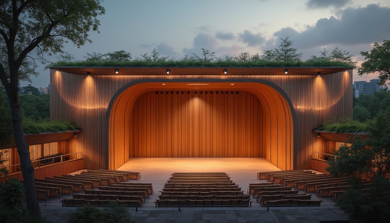 Prompt: Modern performing arts center, bamboo material, sustainable architecture, natural texture, wooden accents, curved lines, minimalist decor, spotlights, stage curtains, audience seating, green roof, urban landscape, cityscape, evening atmosphere, warm lighting, soft shadows, 3/4 composition, cinematic framing.