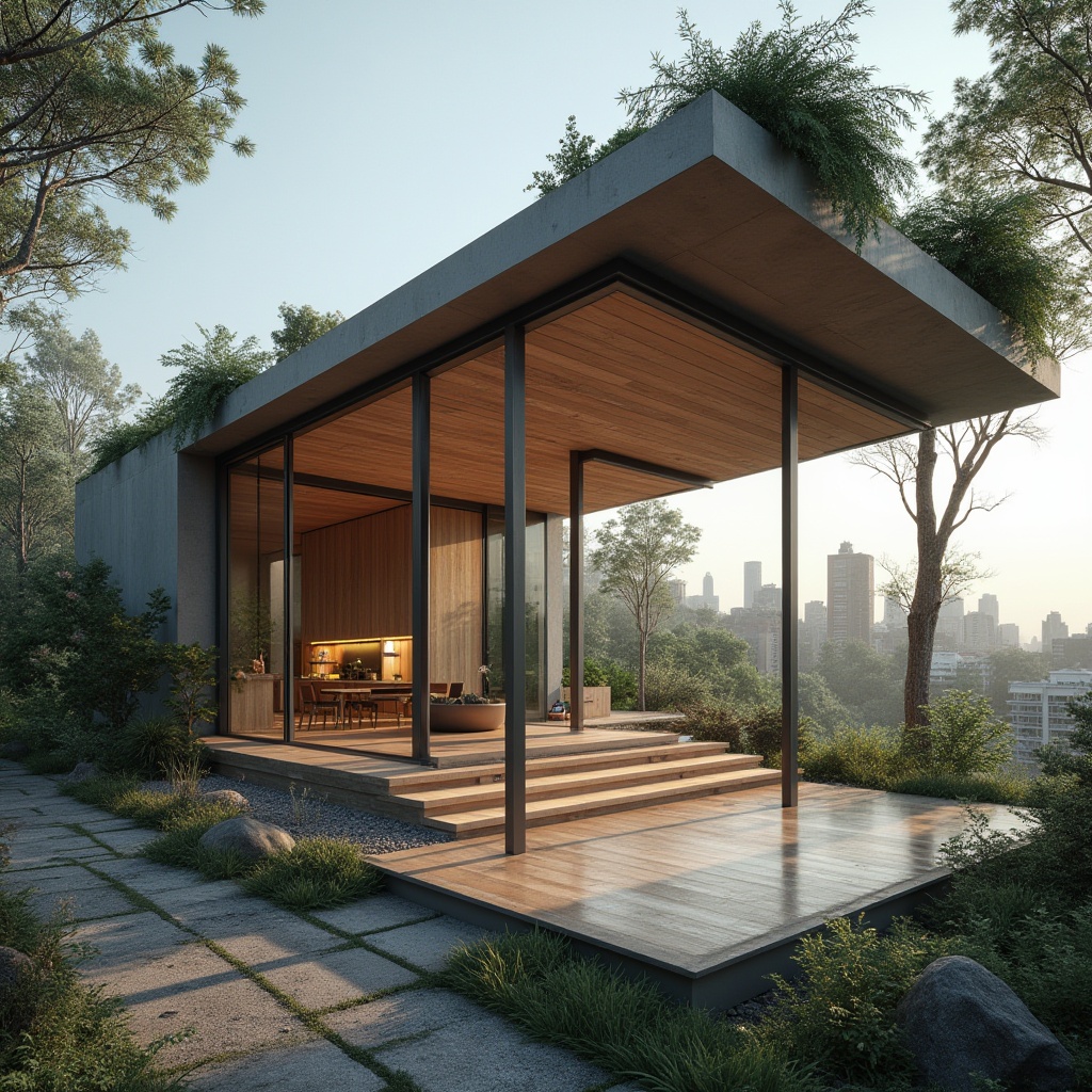 Prompt: Modern minimalist pavilion, geometric shapes, clean lines, industrial materials, steel beams, glass walls, wooden floors, minimalist decor, functional layout, open floor plan, natural light pouring in, green roof, urban landscape, cityscape background, contemporary architecture, 3/4 composition, low-angle shot, dramatic lighting, cinematic mood.