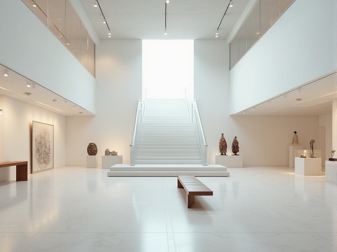 Prompt: Museum interior, minimalistic, empty space, high ceiling, white walls, polished marble floor, few exhibit stands, glass display cases, subtle spotlights, soft ambient lighting, calm atmosphere, sparse decorations, modern sculptures, abstract art pieces, sleek wooden benches, empty corridors, staircase with metal railings, panoramic view of the museum's atrium, natural light pouring in from above, 3/4 composition, shallow depth of field.