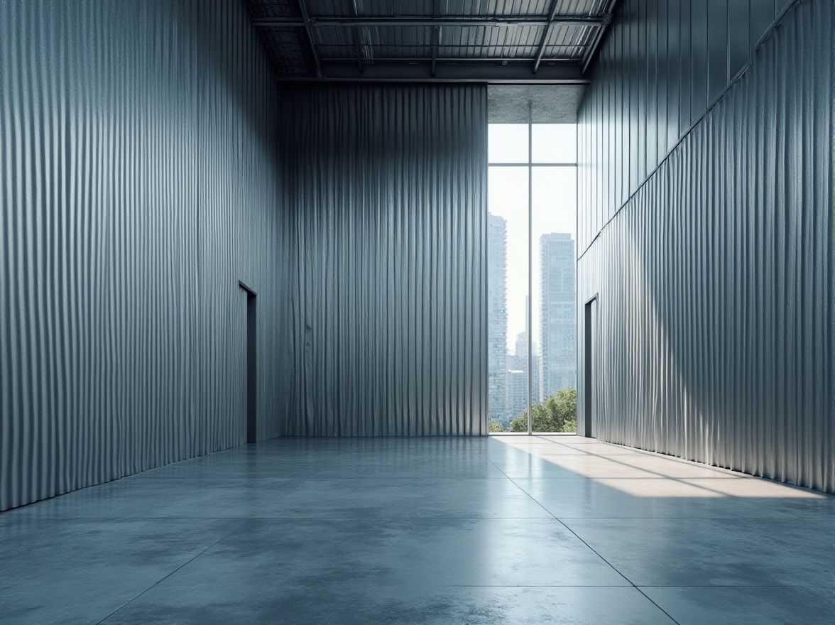 Prompt: Modern building, corrugated metal wall, industrial chic, urban landscape, cityscape, skyscraper, minimalist architecture, silver metallic material, reflective surface, geometric pattern, 3/4 composition, low-angle shot, dramatic lighting, shallow depth of field, futuristic vibe, clean lines, brutalist style, concrete floor, steel beams, interior design element, sleek aesthetic, high-tech ambiance.