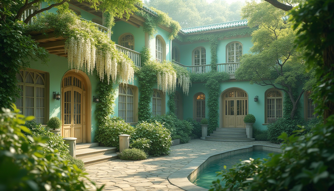 Prompt: Wisteria-inspired green architecture, lush vines crawling up the facade, soft mint walls, cream-colored stone pillars, elegant arches, ornate iron gates, vibrant green roofs, blooming wisteria flowers hanging from the balcony, delicate glass windows, warm natural light pouring in, serene atmosphere, Japanese garden-inspired courtyard, tranquil water feature, lush greenery, soft focus, cinematic composition, morning dew, subtle mist.