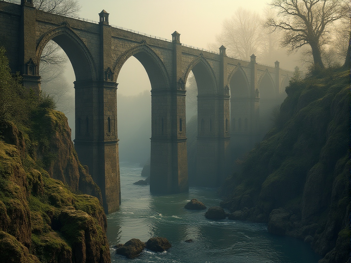 Prompt: Granite piers, stone bridge, medieval architecture, robust arches, ornate carvings, misty morning, soft golden light, serene river flowing beneath, lush greenery, vines crawling up pillars, moss-covered stones, intricate stonework, rugged texture, dramatic composition, low-angle shot, atmospheric perspective, cinematic mood, detailed granite patterns.