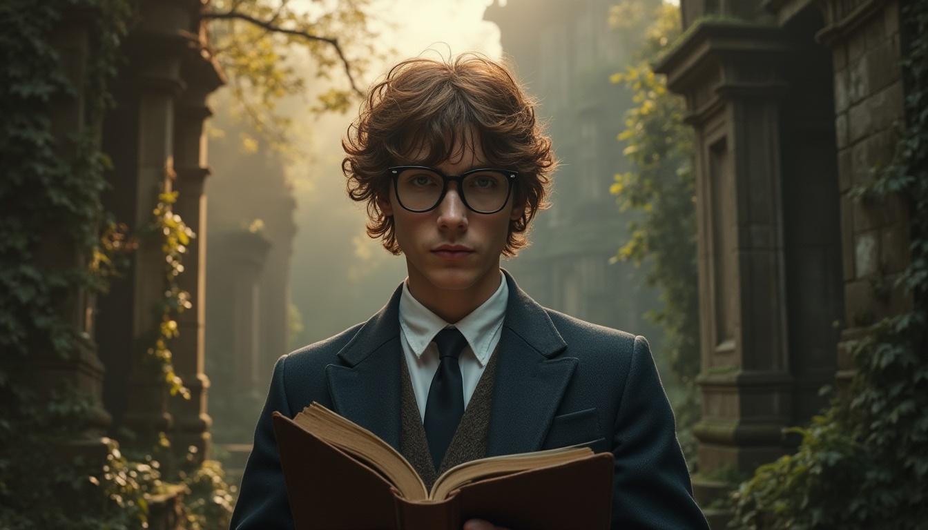 Prompt: Mysterious scholar, solo, (25yo), messy brown hair, black-rimmed glasses, white shirt, dark blue suit, tie, holding a leather-bound book, standing in front of ancient stone towers, surrounded by overgrown vines and moss, warm golden lighting, misty fog rolling in, intricate stone carvings, Gothic architecture, mystical atmosphere, cinematic composition, high-angle shot, atmospheric perspective, rich textures, dramatic shadows.