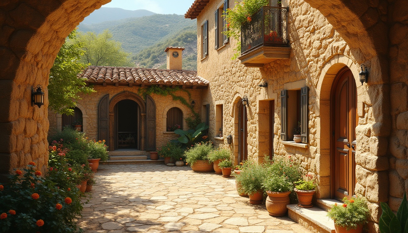 Prompt: Warm wheat color, cozy atmosphere, Mediterranean villa, rustic stone walls, curved archways, wooden shutters, clay roof tiles, lush greenery, blooming flowers, tranquil courtyard, soft natural light, warm shadows, 3/4 composition, shallow depth of field, inviting entrance, earthy tone, rough texture, organic structure.