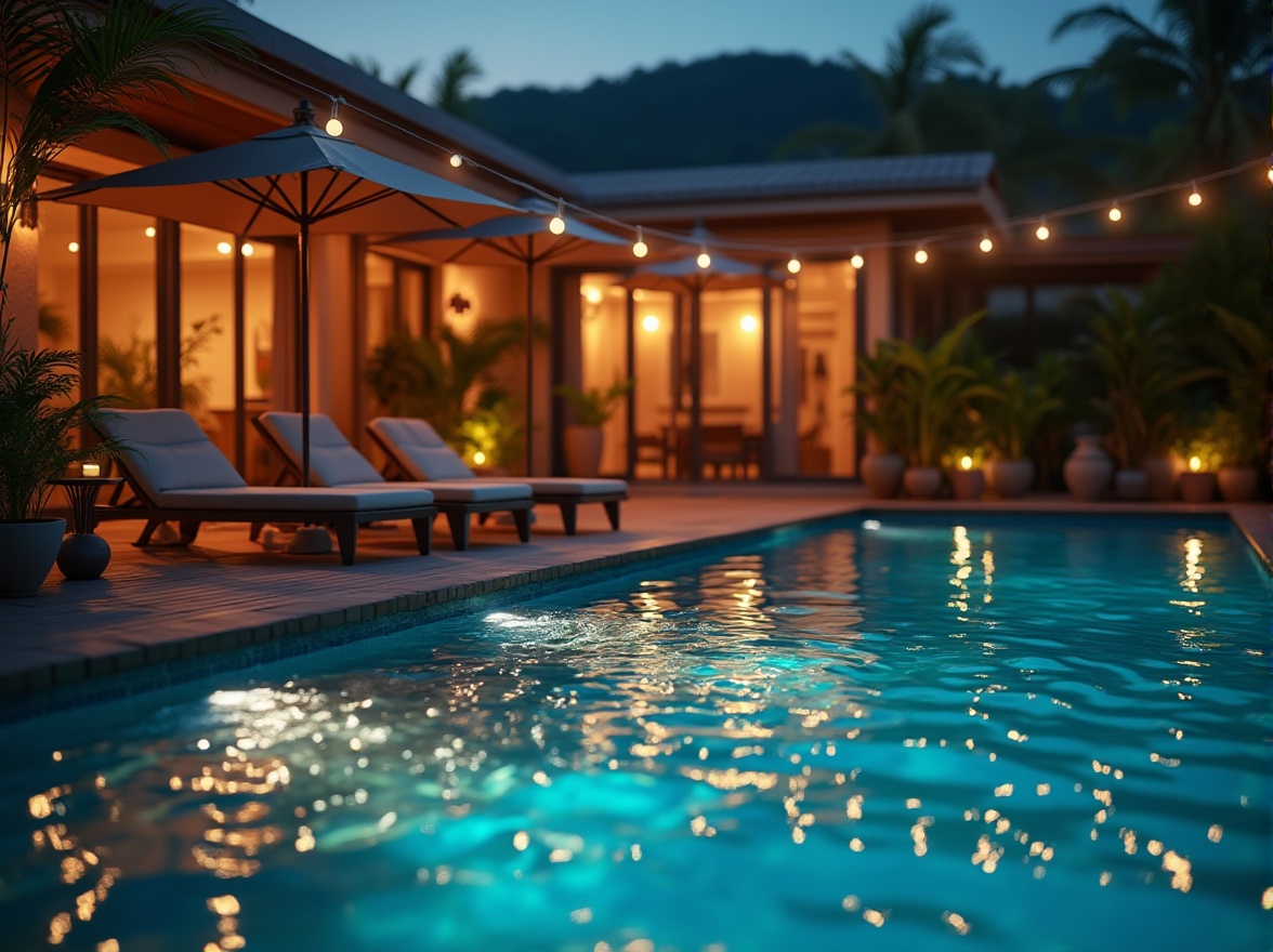 Prompt: backyard pool scene, luxurious villa setting, warm evening atmosphere, string lights surrounding pool area, colorful LED lights underneath water surface, subtle wave patterns, gentle water ripples, modern lounge chairs, stylish umbrella, refreshing cocktails on a nearby table, tropical plants, palm trees, sun-kissed skin tone, shimmering water effects, soft focus background, cinematic composition, 3/4 view, warm golden lighting.