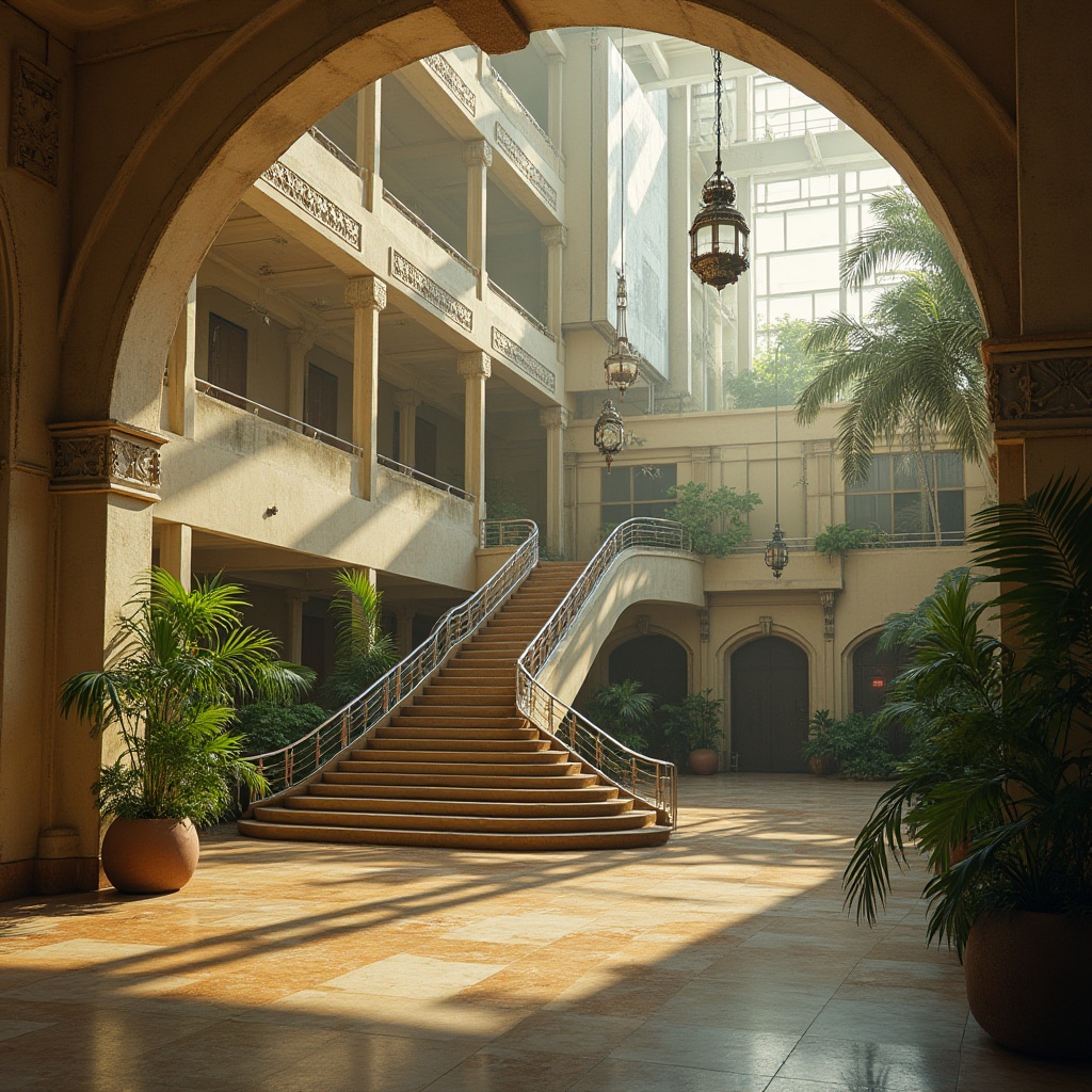 Prompt: Art Deco middle school, geometric shapes, ornate decorations, polished concrete walls, terrazzo floors, metal railings, grand staircase, ornate chandeliers, vintage clock tower, lush greenery, tropical plants, palm trees, warm lighting, soft shadows, afternoon sunlight, 3/4 composition, low-angle shot, cinematic mood, retro-futuristic ambiance.