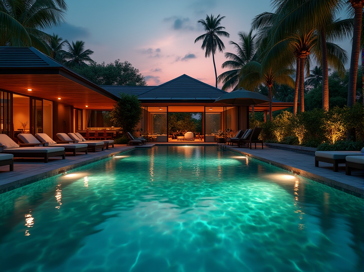 Prompt: Dark Cyan pool water, mysterious ambiance, luxurious villa, outdoor setting, warm summer evening, sunset glow, palm trees surrounding, comfortable lounge chairs, refreshing cocktails, tropical plants, subtle pool lights, gentle ripples on the water surface, 3/4 composition, cinematic lighting, high-end modern architecture.