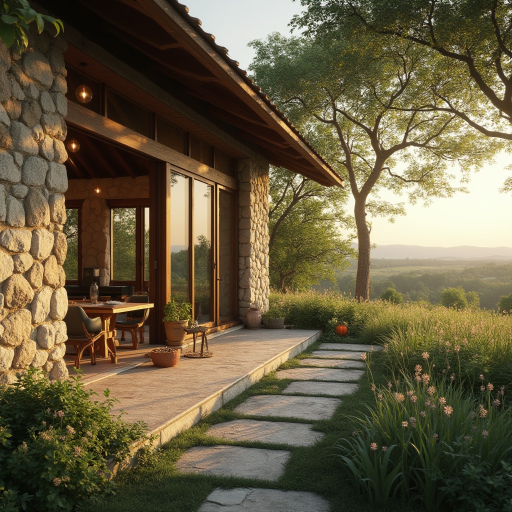 Prompt: Barn green architecture, modern farmhouse, Lavacrete exterior walls, rough stone texture, earthy tone, lush greenery surroundings, wildflowers blooming, wooden beams, large windows, natural lighting, minimalist interior design, rustic wooden furniture, potted plants, country landscape, rolling hills, serene atmosphere, warm sunset light, soft focus, cinematic composition.