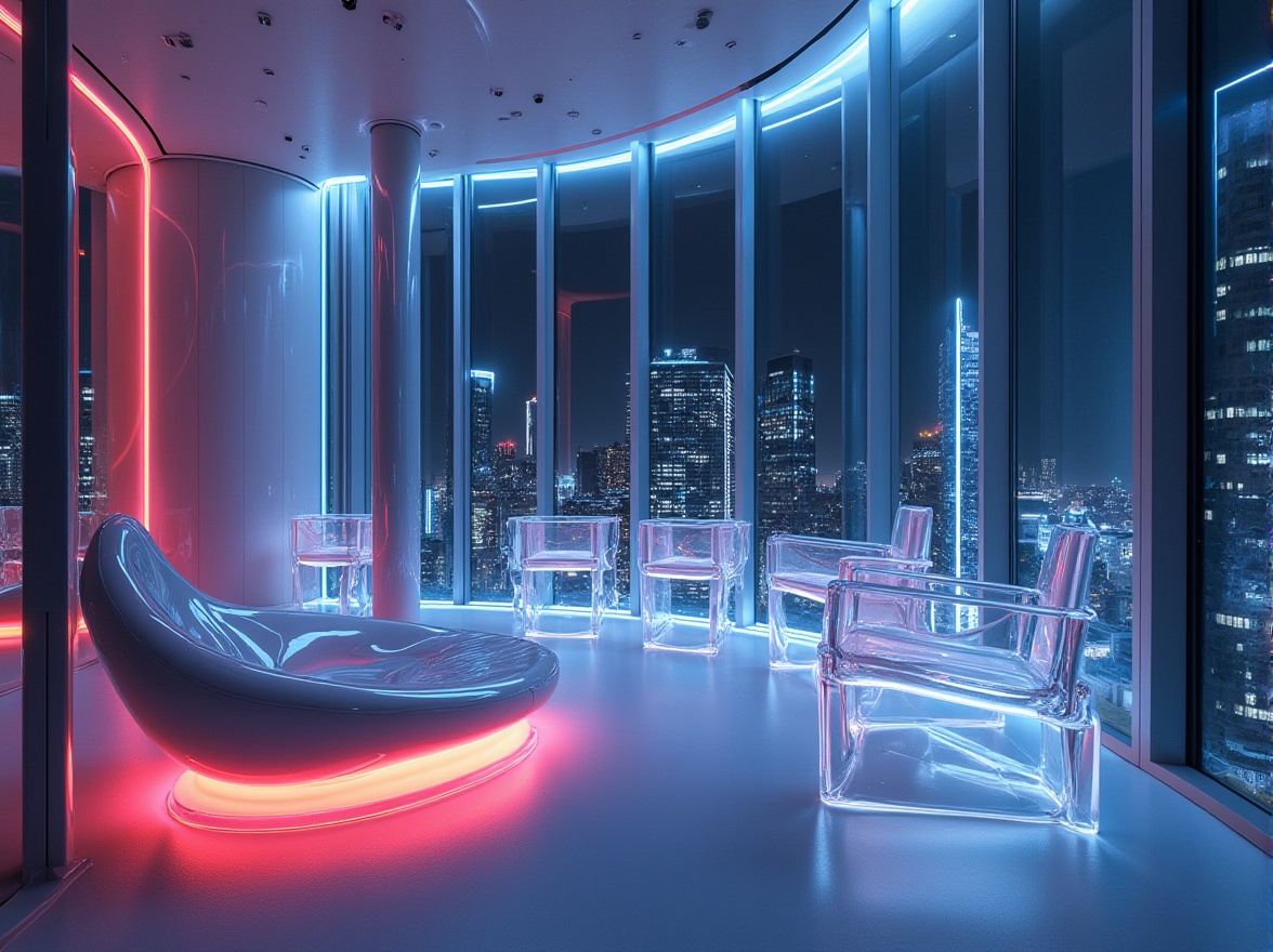 Prompt: Modern design, interior decoration, futuristic ambiance, plastic material, translucent chair, glossy finish, LED lights, sleek lines, minimalist space, urban loft, cityscape, nighttime view, floor-to-ceiling windows, abstract art, geometric shapes, 3D model, reflective surface, metallic accents, high-tech gadgets, innovative structure, transparent tables, avant-garde architecture, bright colors, neon signs, cyberpunk atmosphere.