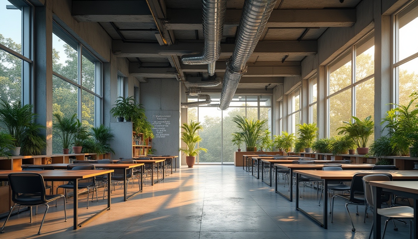 Prompt: Modern school building, galvanized steel framework, industrial chic, exposed ductwork, polished concrete floor, sleek glass walls, minimalist interior design, rows of wooden desks, metal chairs, inspirational quotes on walls, soft natural light pouring in through large windows, subtle shadows, 3/4 composition, panoramic view, warm ambient lighting, vibrant greenery, lush plants on shelves, innovative architecture, futuristic vibe.