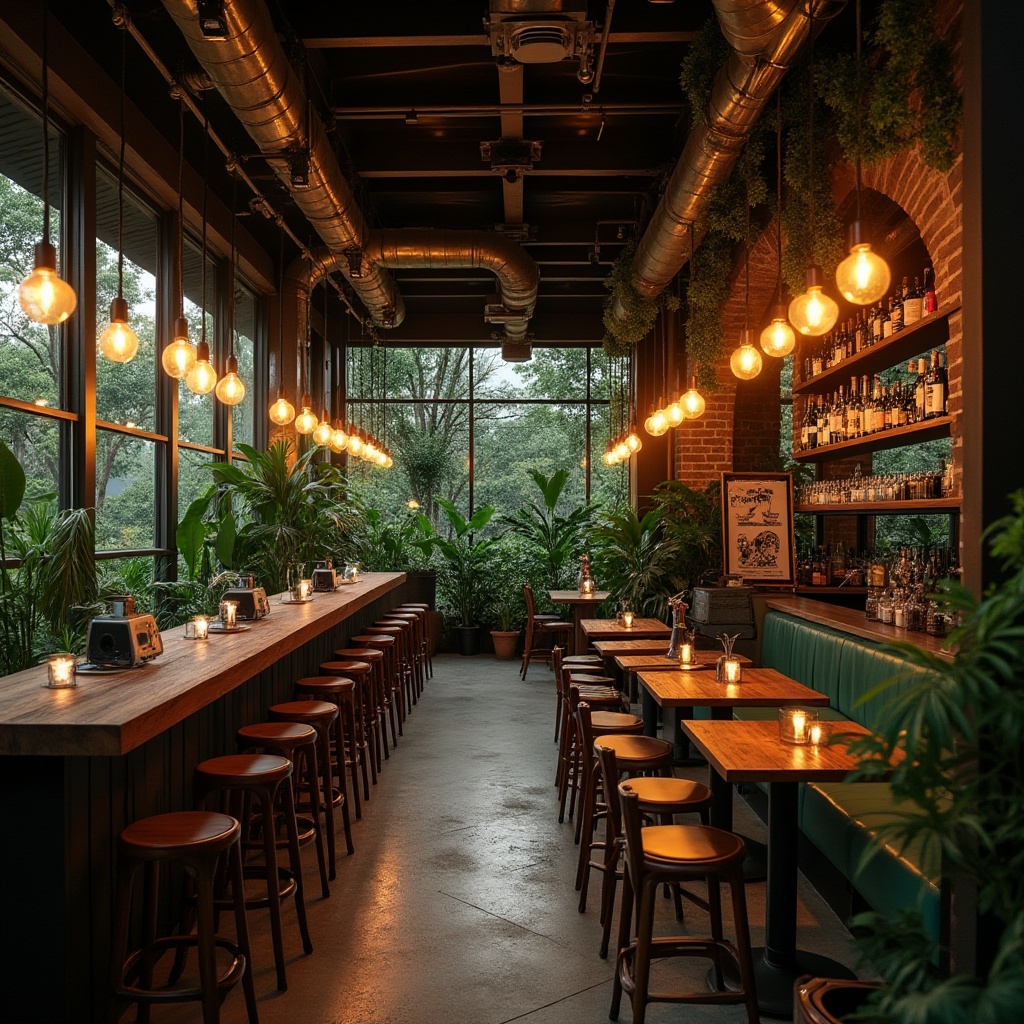 Prompt: Industrial urban bar, galvanized steel accents, modern green architecture, lush rooftop garden, reclaimed wood decor, Edison bulbs, metal beam ceiling, concrete floor, exposed ductwork, urban jungle atmosphere, night scene, warm ambient lighting, 3/4 composition, soft focus, cinematic mood.